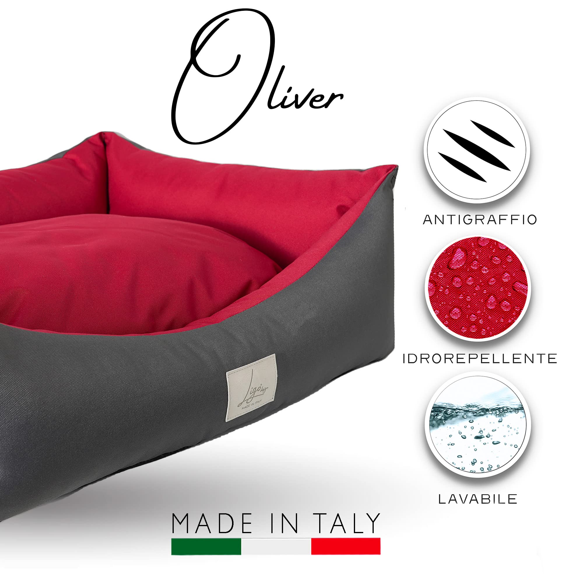 Ligo Oliver - lettino cuccia per cani idrorepellente resistente ai graffi.Cuscino per cane materasso per cani. Cuccia per Cani antimacchia.REALIZZATO IN ITALIA (M: 70 x 55 cm, ANTRACITE/BORDEAUX)
