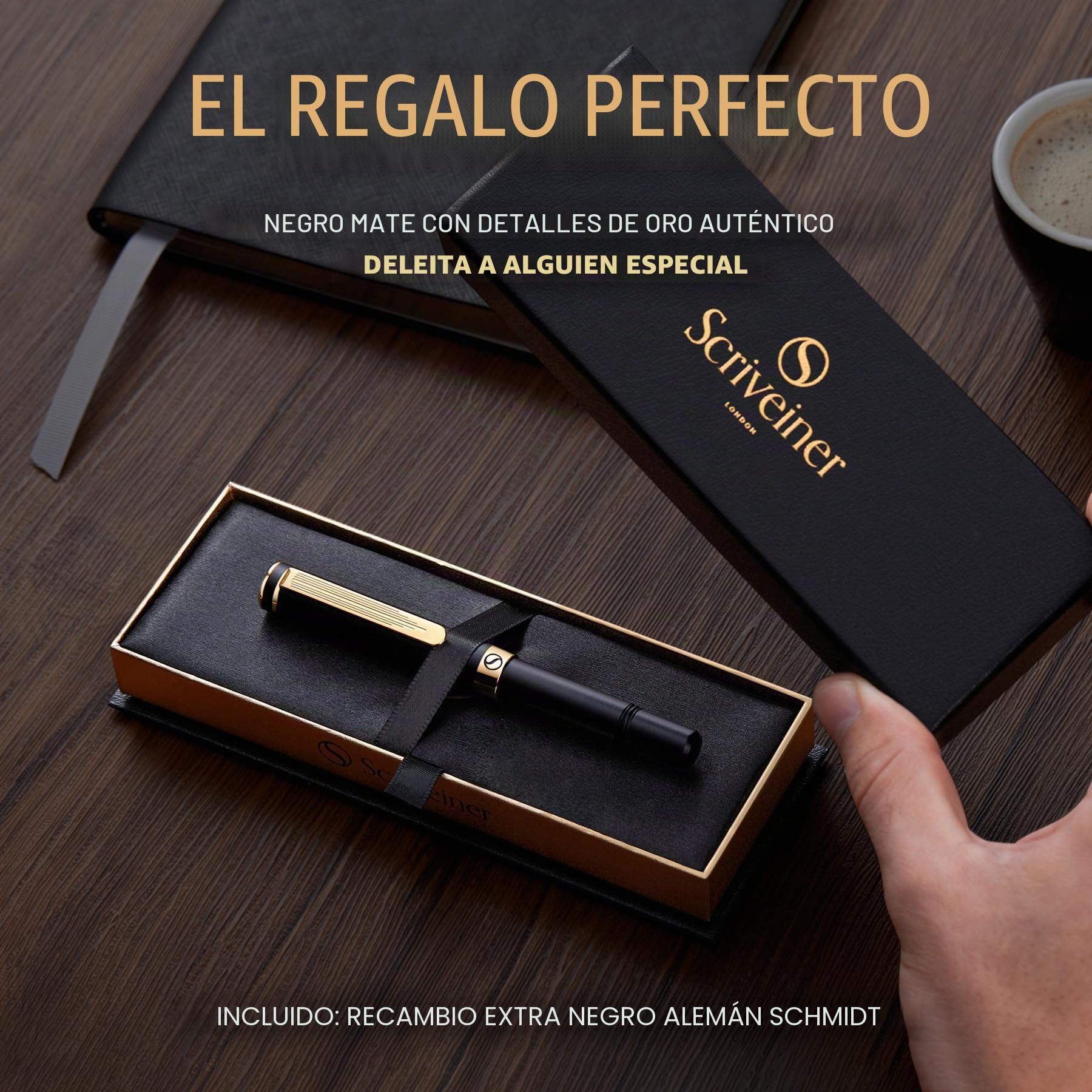 Scriveiner Bolígrafo Rollerball EDC Negro de Lujo, Impresionante Bolígrafo de Bolsillo con Acabado en Chapado en oro auténtico, Recambio Schmidt Alemán, Buen Regalo, Elegante Set de Diseño