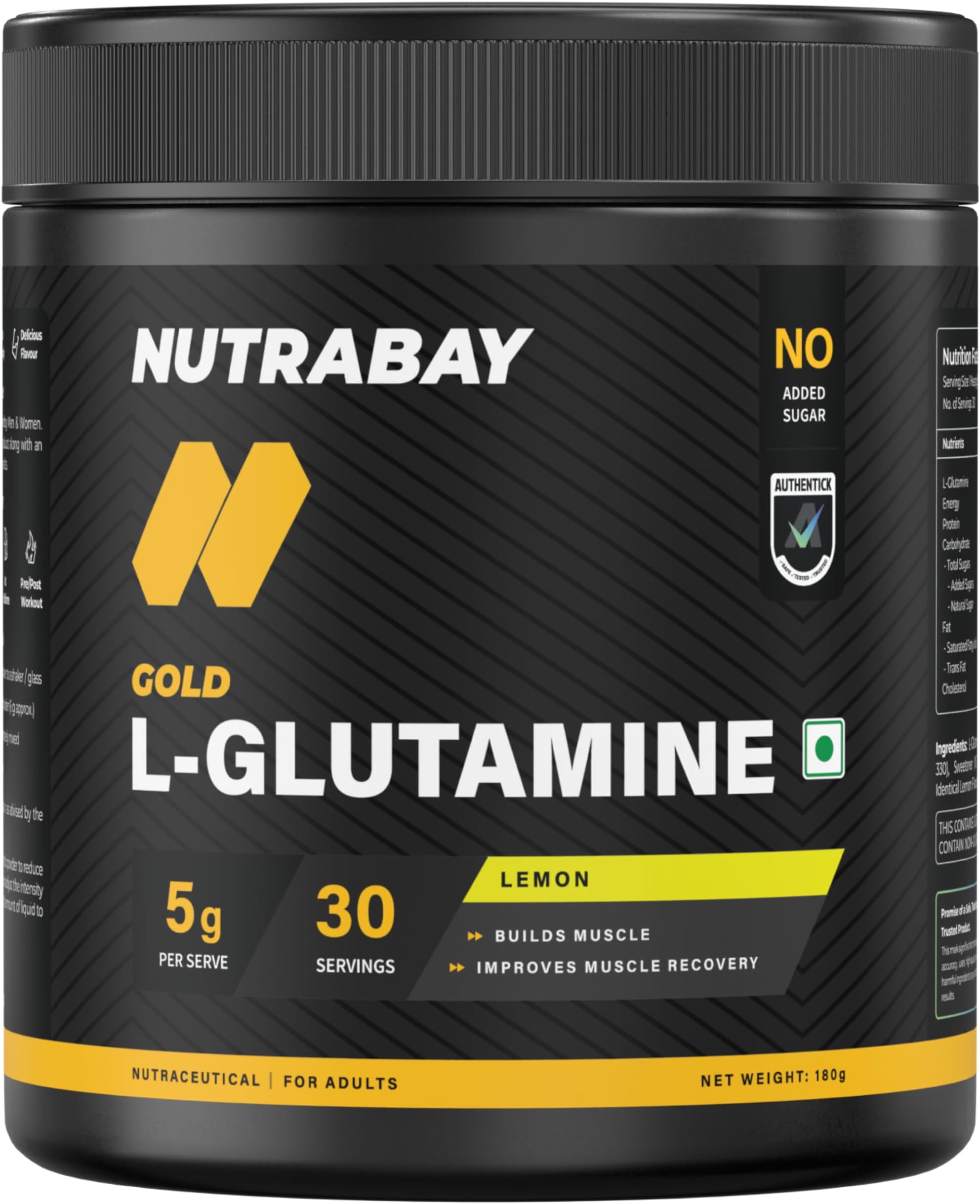 Gold L-Glutamine Supplement Powder 180g, Lemon Flavor โ Post Workout Amino Acid for Muscle Growth & Recovery | 100% Authentic Supplement | No Banned Substances | Tested for Purity