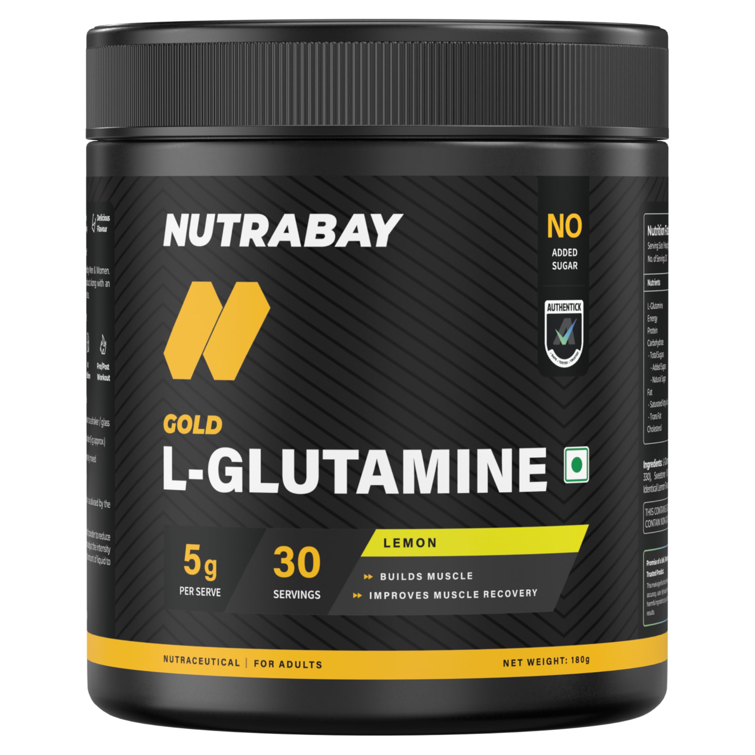 Nutrabay Gold L-Glutamine Supplement Powder 180g, Lemon Flavor β Post Workout Amino Acid for Muscle Growth & Recovery | 100% Authentic Supplement | No Banned Substances | Tested for Purity