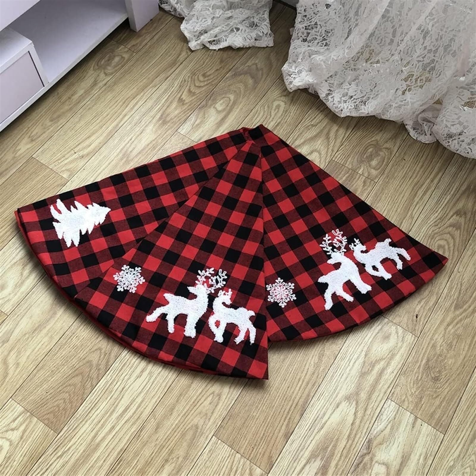 Tappeto Albero di Natale, Gonna Rotonda per Albero di Natale, Renna, Ricamo, Decorazioni Festive per La Casa Festa Forniture(122X122cm)