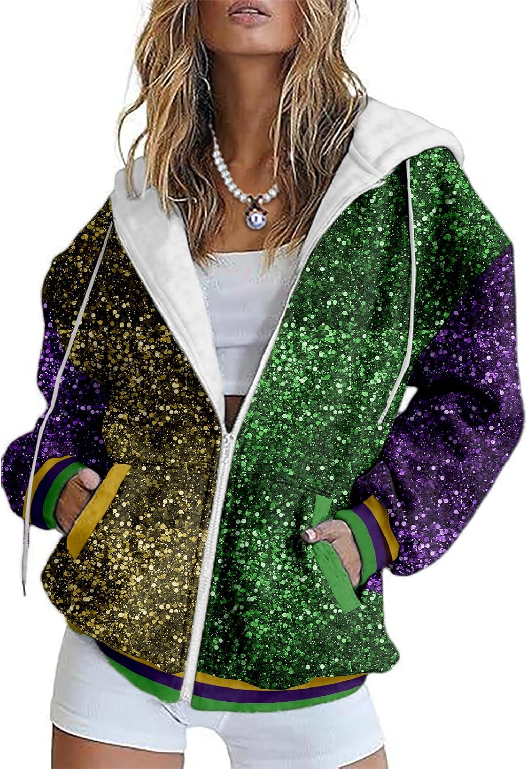 MARSVOVO Mardi Gras Sweatshirts for Women Full Zipper Long Sleeve Tuesday Shirt Vintage Vneck Carnival Outfit for Party