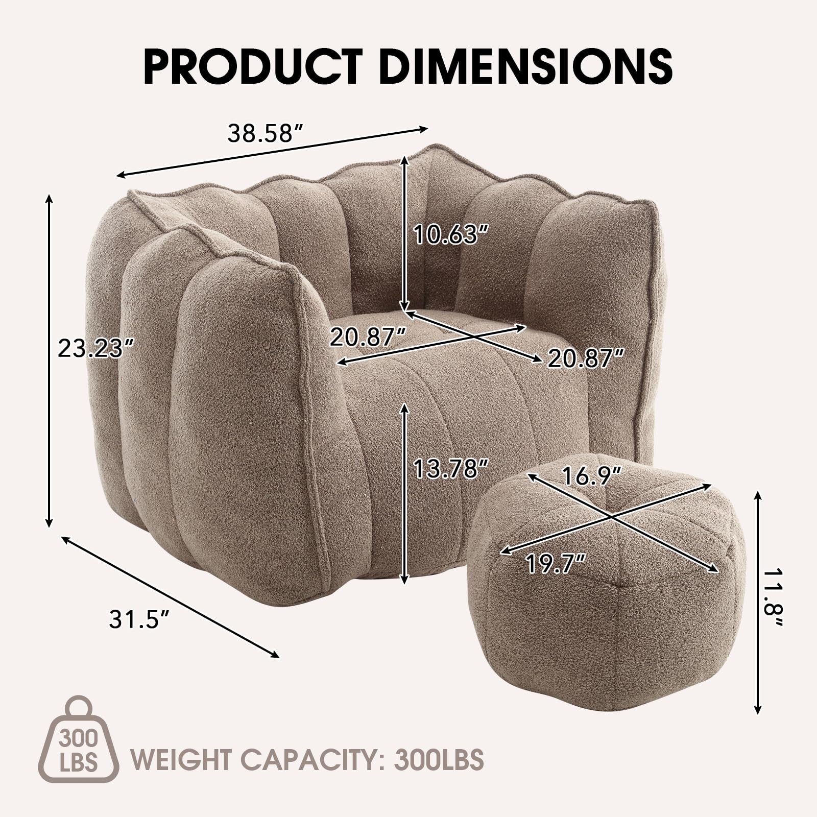 Sudwesto Bean Bag Chair, Teddy Upholstered Bean Bag Sofa with Round Ottoman, Stuffed Bean Bag Couch with Petal Backrest, Comfy Lazy Sofa with Thick Cushion for Living Room (Brown)