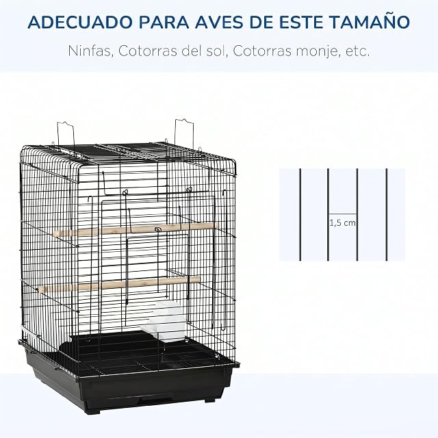Foto 3 de 8 de PawHut Jaula para Pájaros con Techo Abatible para Aves 40x40x59 cm Negro