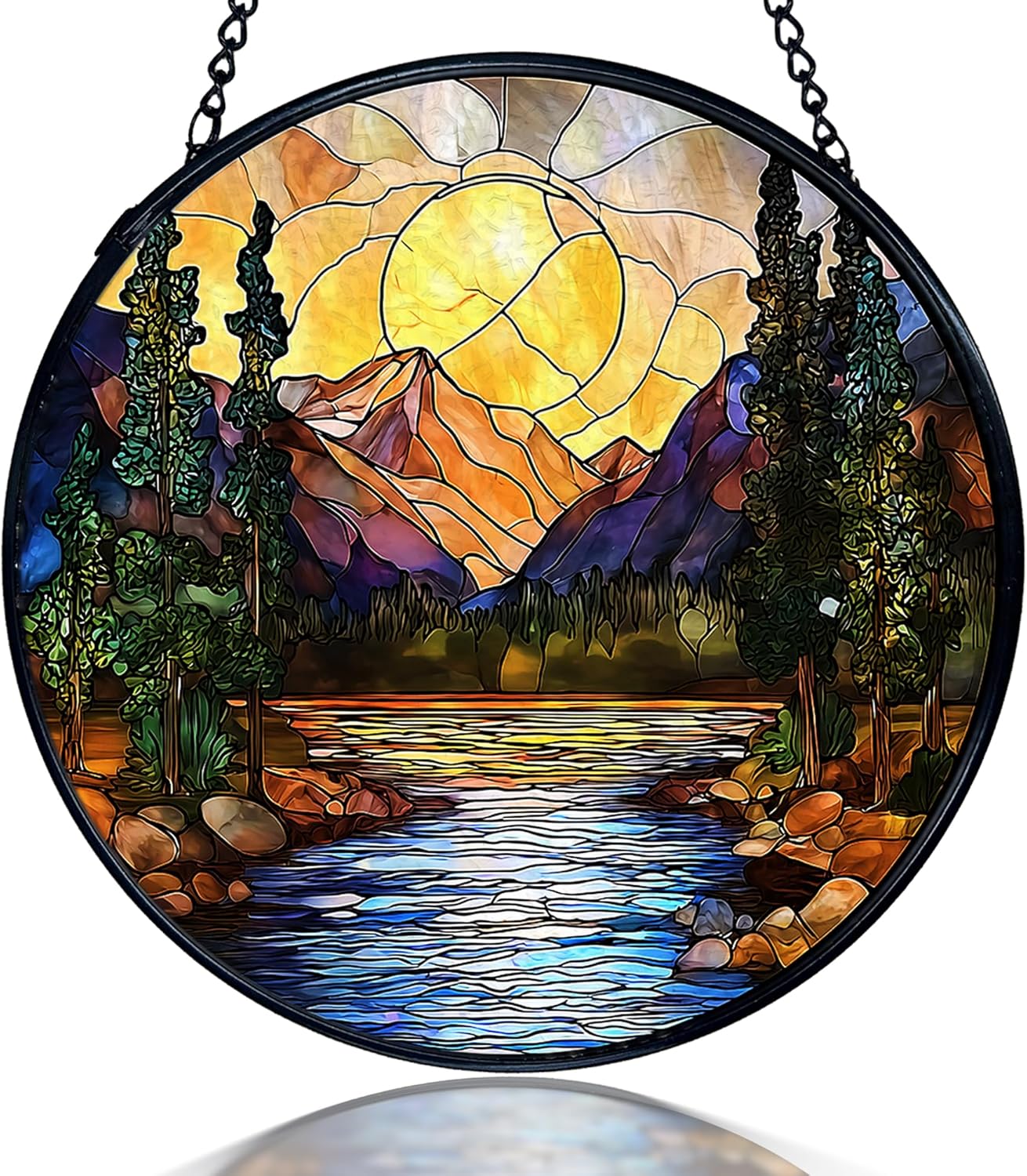 kdqua Mountain Suncatcher Stained Glass Window Hanging, Nature Sunset River Landscape Sun Catchers Indoor Window Glass Round Wall Decor, Mountain Wall Art Hanging Decorations Statues, 7.9x7.9in