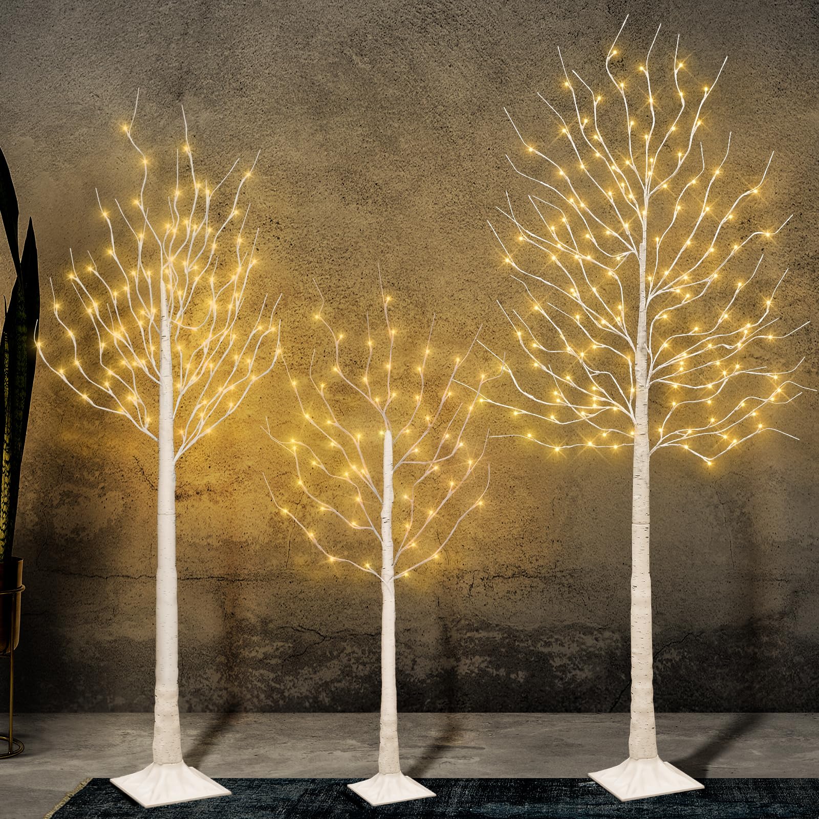 3PK Lighted Birch Tree with 144 Warm White Lights, 8 Modes Prelit White Artificial Christmas Trees for Holiday Indoor Outdoor Decor Garden Wedding