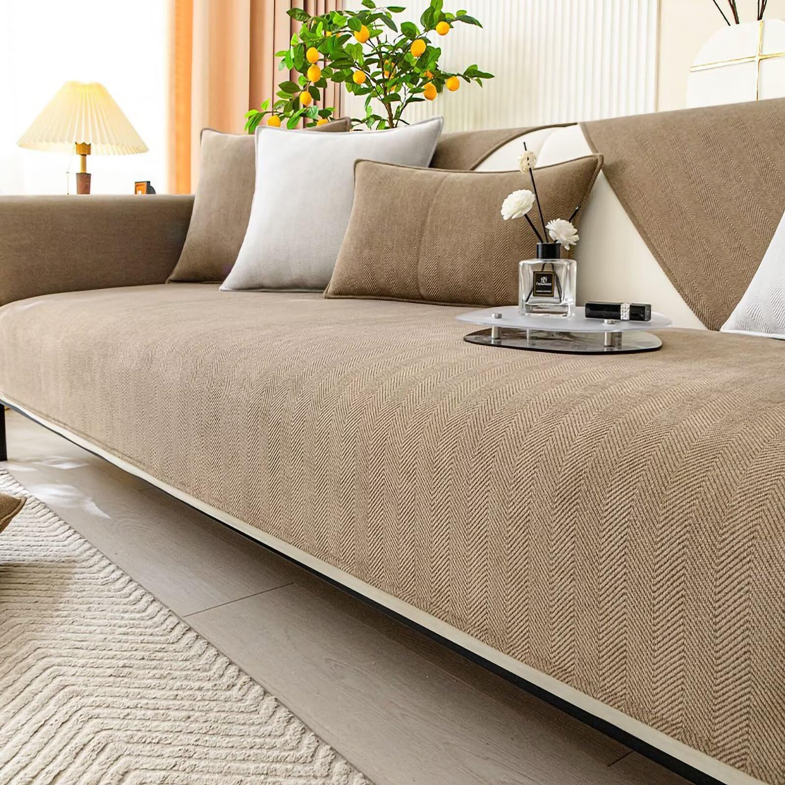 Gluhbirnen Sofa Überwurfdecke, Sofa Überzug, Sofadecken für Sitzfläche rutschfest, Überwurfdecken für Sofa, Fischgrätenstruktur, Hund Katze Sofa Überwurf Sofaschutz, Milchkaffee-Farbe, 90 * 240CM