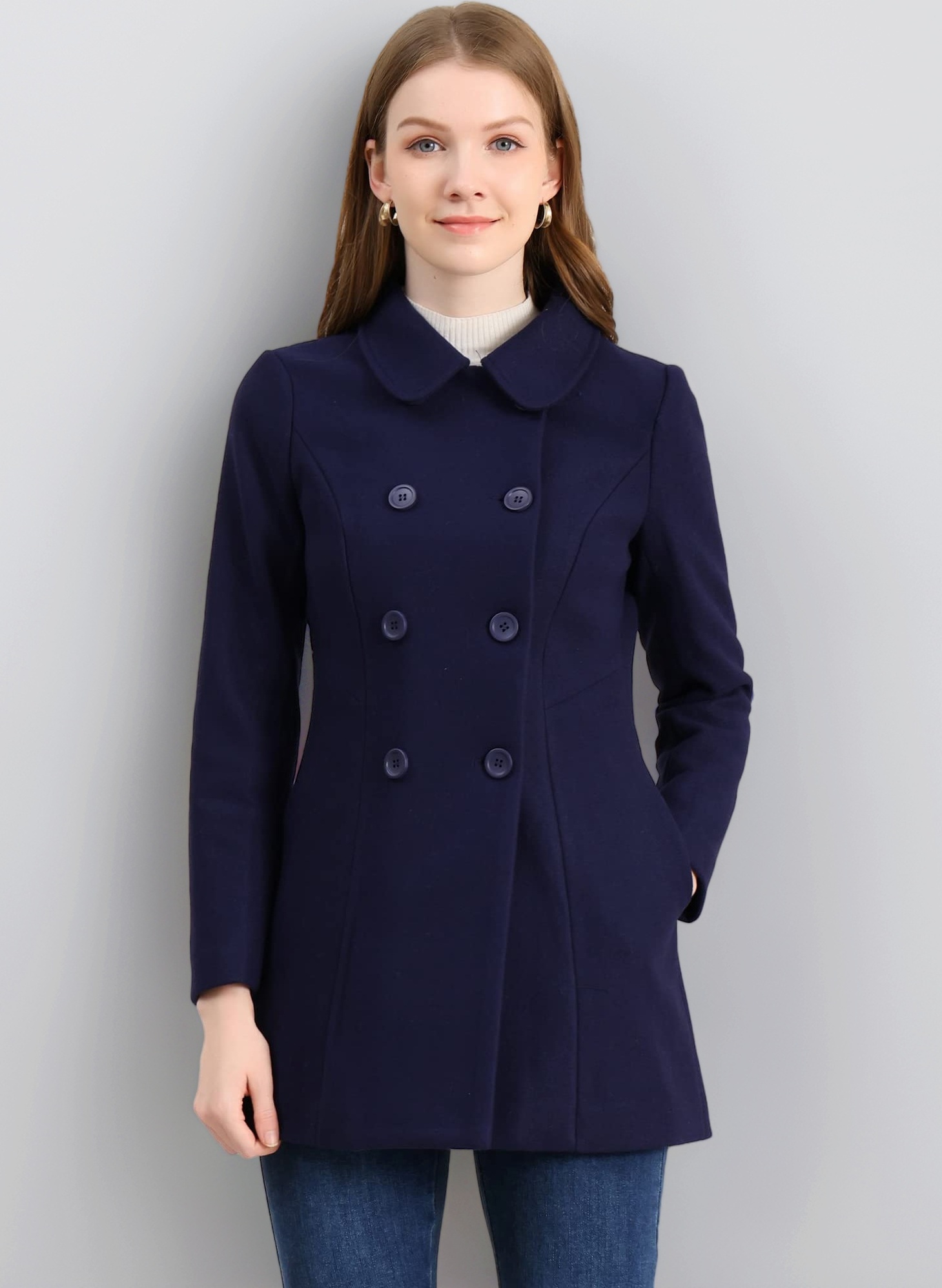 Women's Peter Pan Collar Double Breasted Winter Long Trench Pea Coat