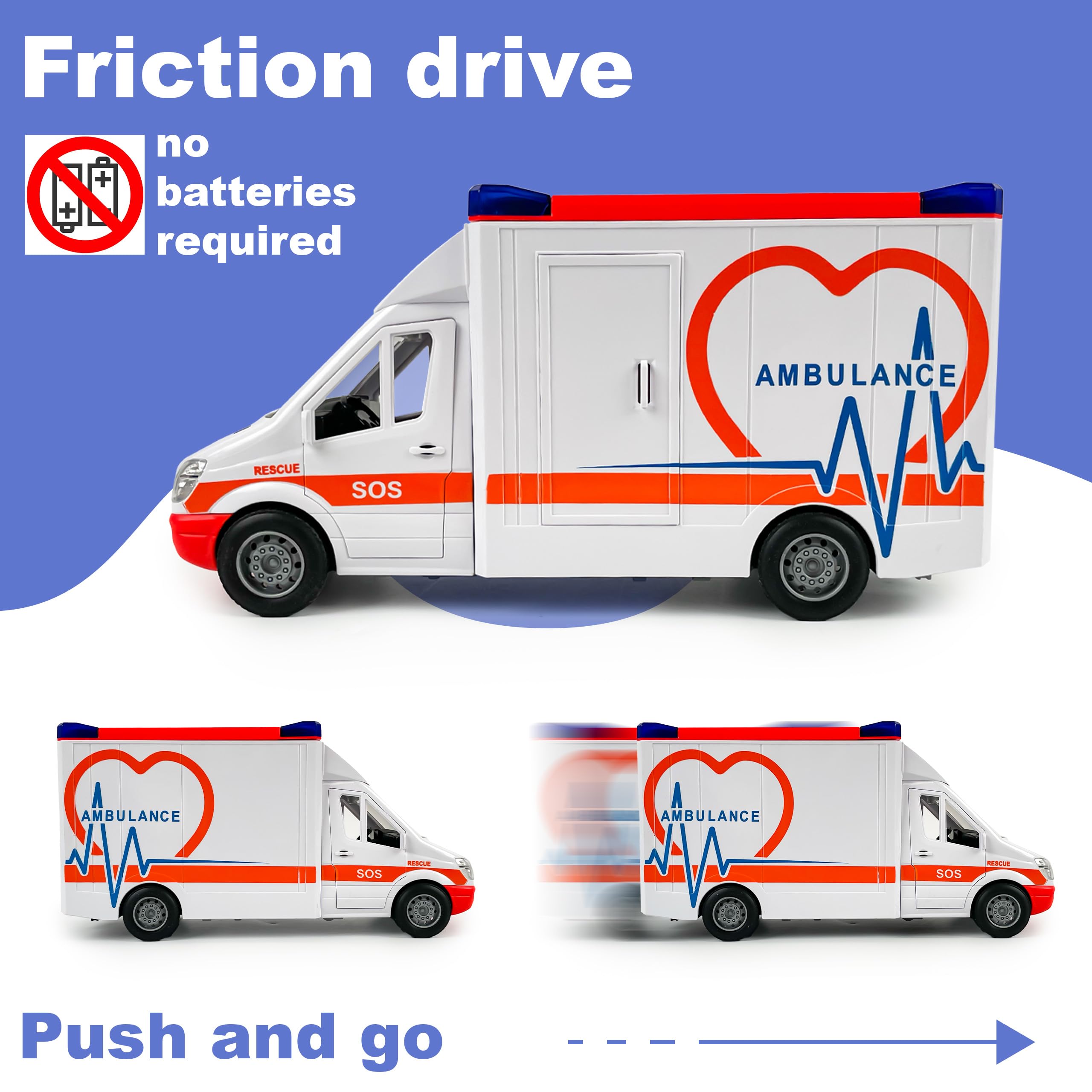 CELMAN Juguete de ambulancia, ambulancia ambulancia con camilla, portón trasero para abrir, luz y sonido, coche de juguete grande para niños a partir de 3, 4, 5, 6, 7, 8 años