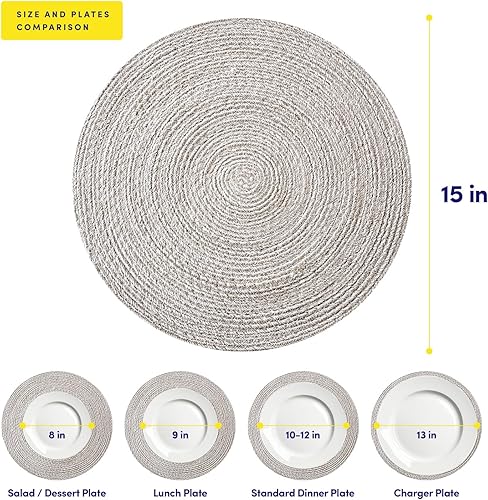 Miniatura 4 de Juego de 6 manteles individuales redondos de dos tonos 100 % algodón para mesa de comedor, tejido trenzado, decoración de mesa lavable para cocina,