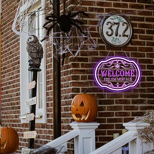 Miniatura 3 de Horseneon Letrero de neón de Navidad con texto en inglés "Welcome Foolish Mortals", mansión embrujada, decoración de pared LED para puerta, Mab