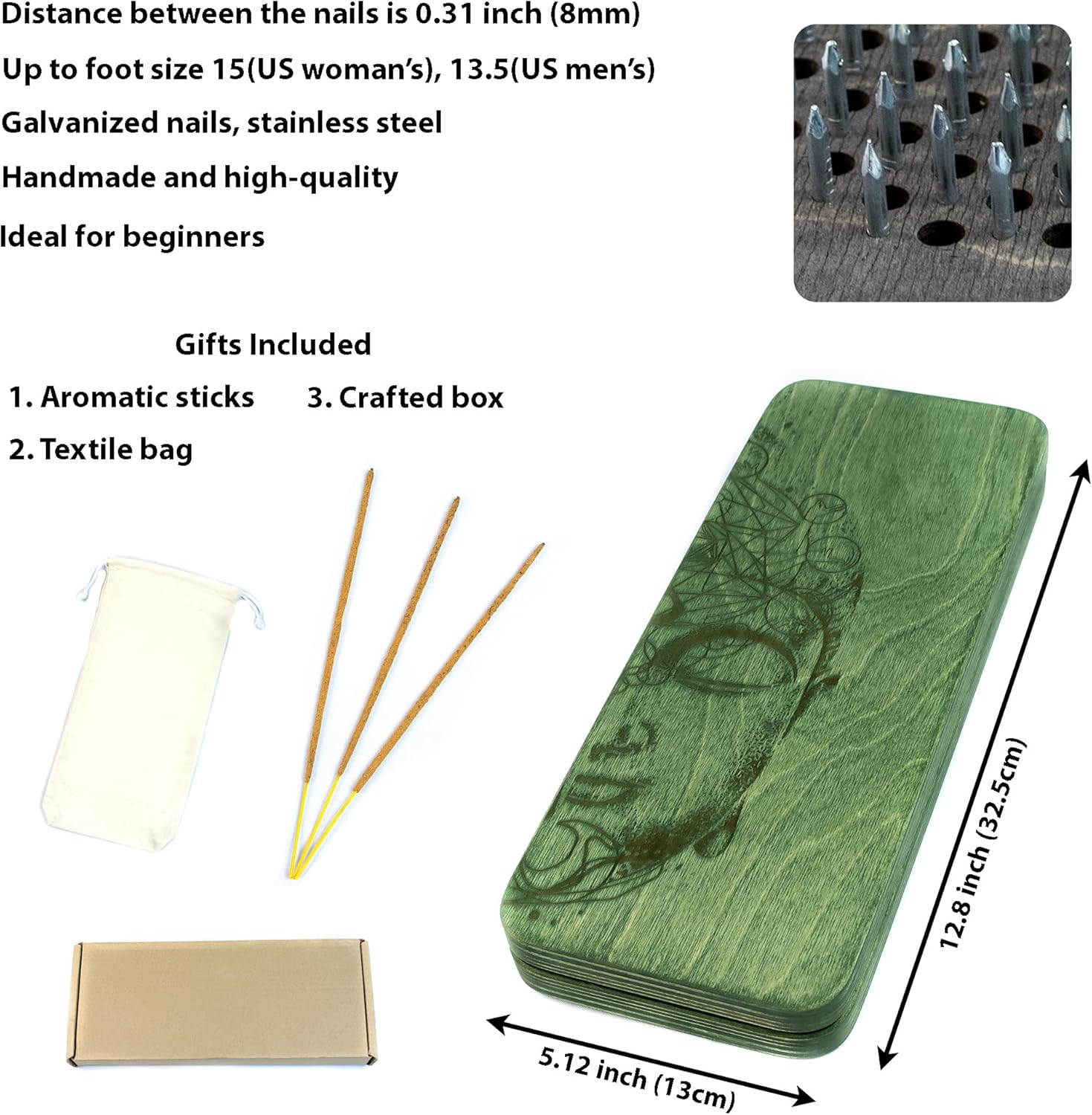 Sadhu Board with Galvanic Dynamic Nails for Yoga Practice, Handmade Wooden Board with Nails for Standing on Feet, Relaxation Board for Acupuncture Massage, Yoga Gift (nails 0.31 inch, 8mm)