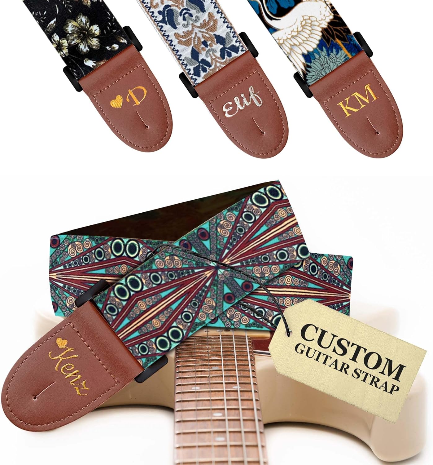 Art Tribute Personalized Guitar Strap - Add Name or Initials For Acoustic, Electric & Bass Guitars
