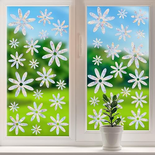 Vista 3 de AnyDesign 38 calcomanías para ventana de flores pequeñas, diseño de margaritas, anticolisión, estáticas, arcoíris, autoadhesivas, vinilo prismático
