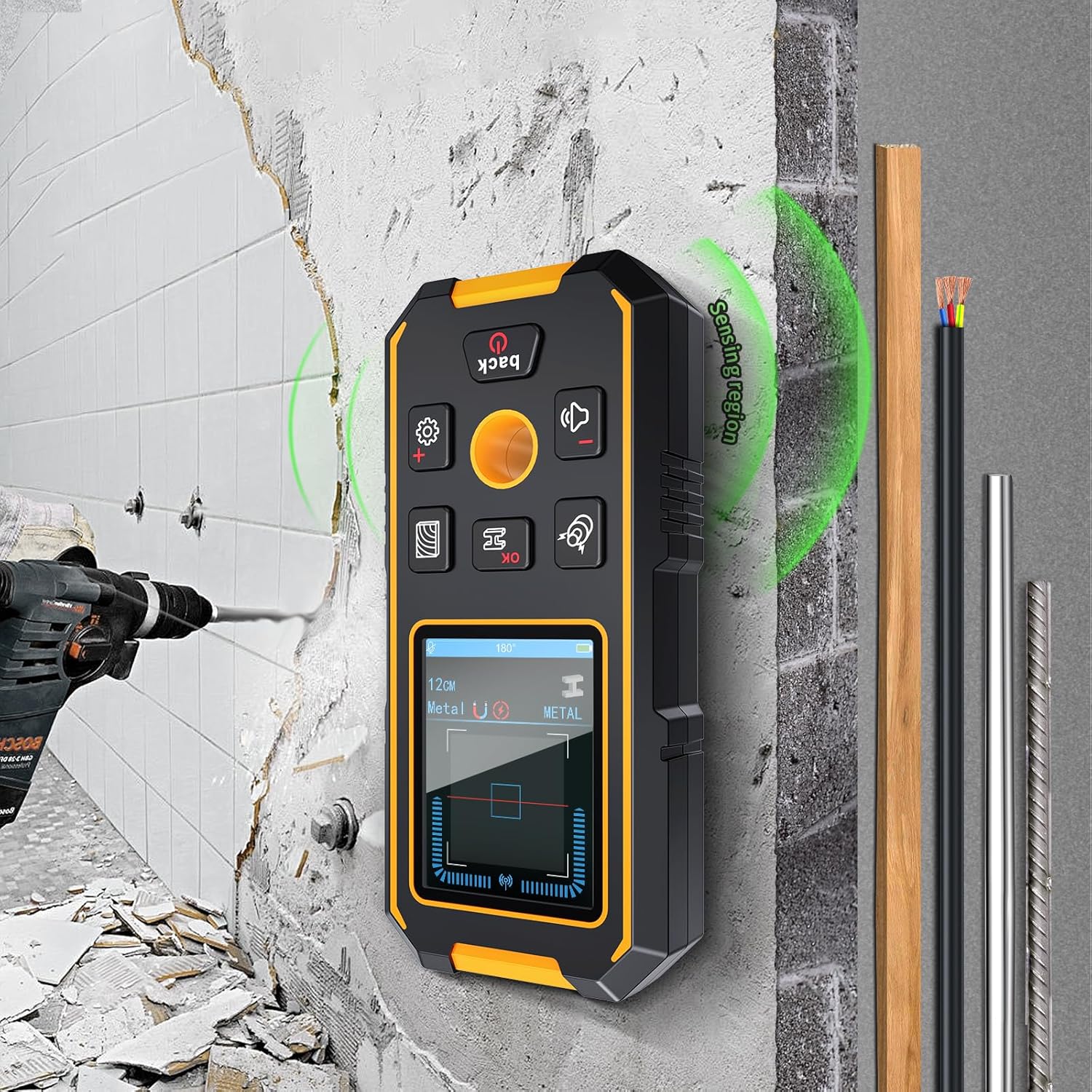 Stud Finder Wall Scanner, 3-in-1 Rechargeable Magnetic Metal Stud Finder for Wood/Non-Magnetic Metal/Joists/Pipes/Wires/AC Wires, with Positioning Hole, LCD Display&Audio Alarm