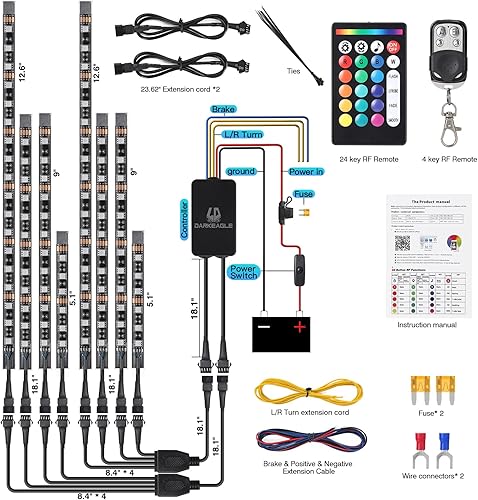 Vista 7 de 8 piezas de kit de luces LED RGB para motocicleta con mando a distancia APP/RF, luces de tira de doble zona con señal de giro y freno, luces