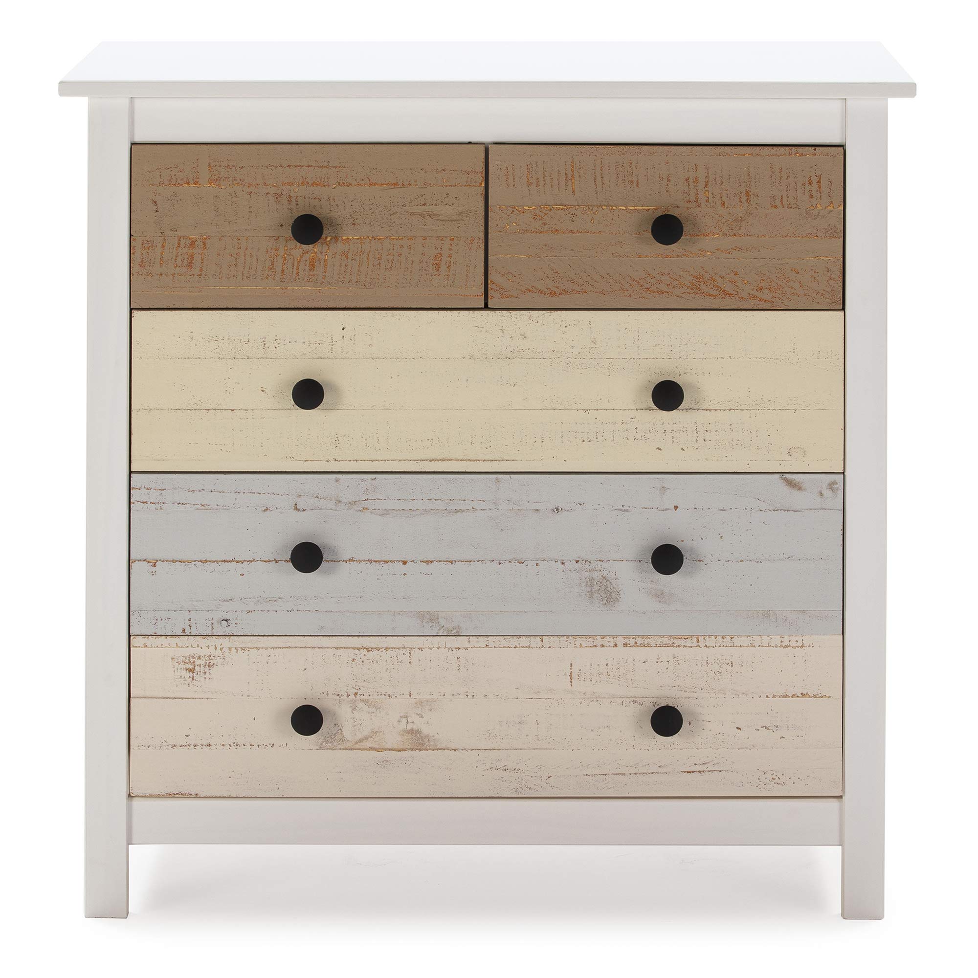VS Venta-stock Cassettiera Magda Bianco con 5 cassetti di diversi colori, realizzato in pino massiccio