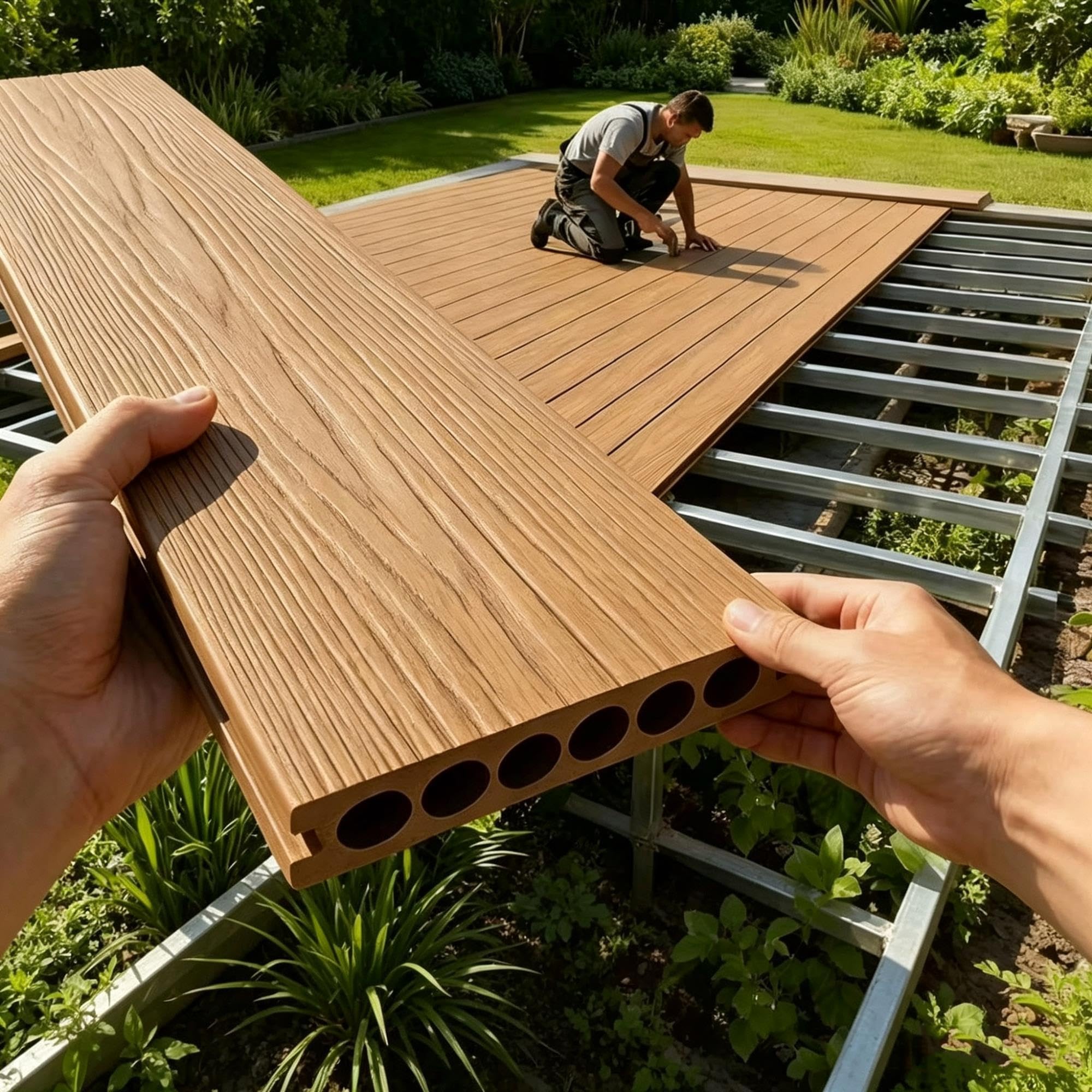 Dalles terrasse en composite bois-plastique avec perforations circulaires
