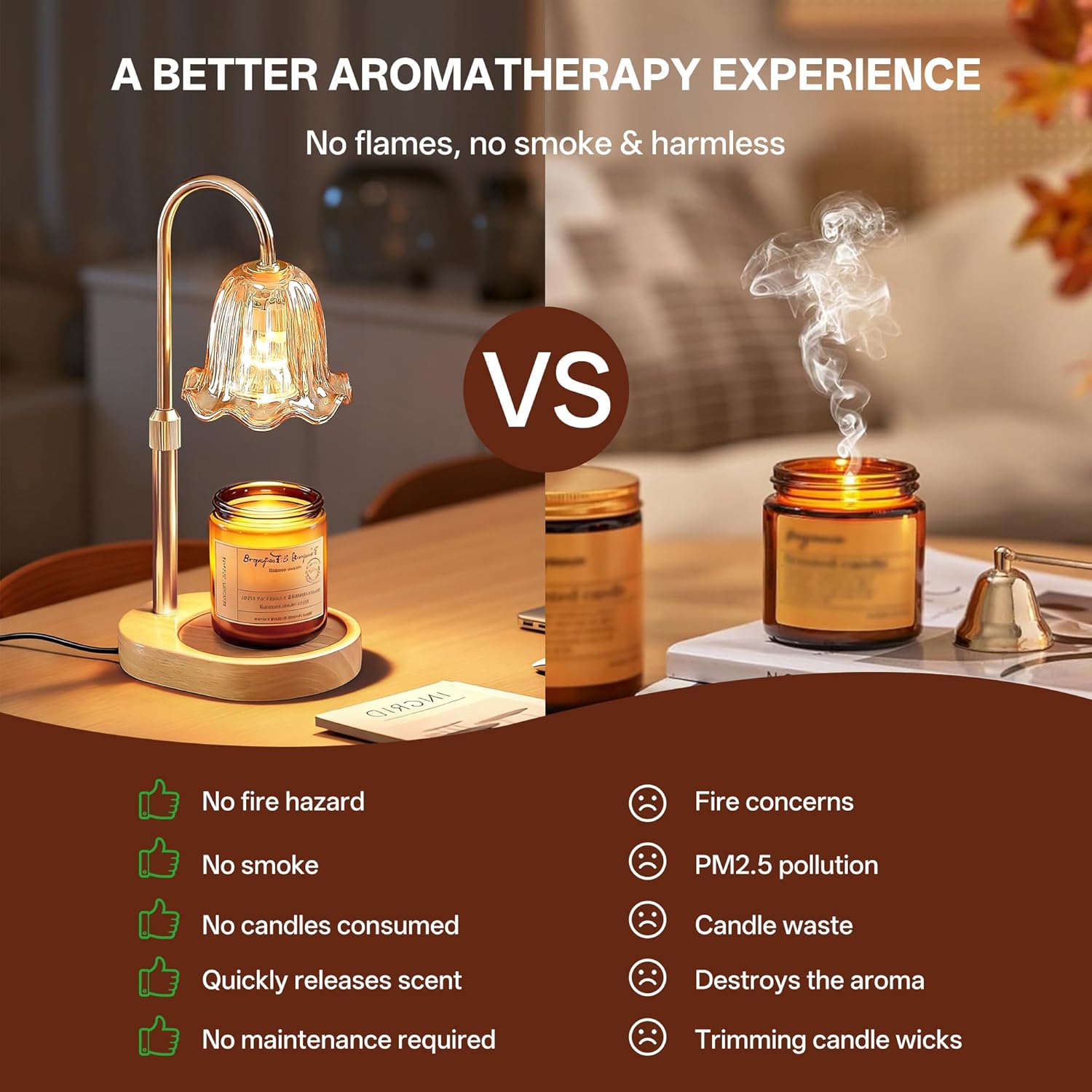 Comparison of flameless candle warmer versus traditional candle with flame and smoke