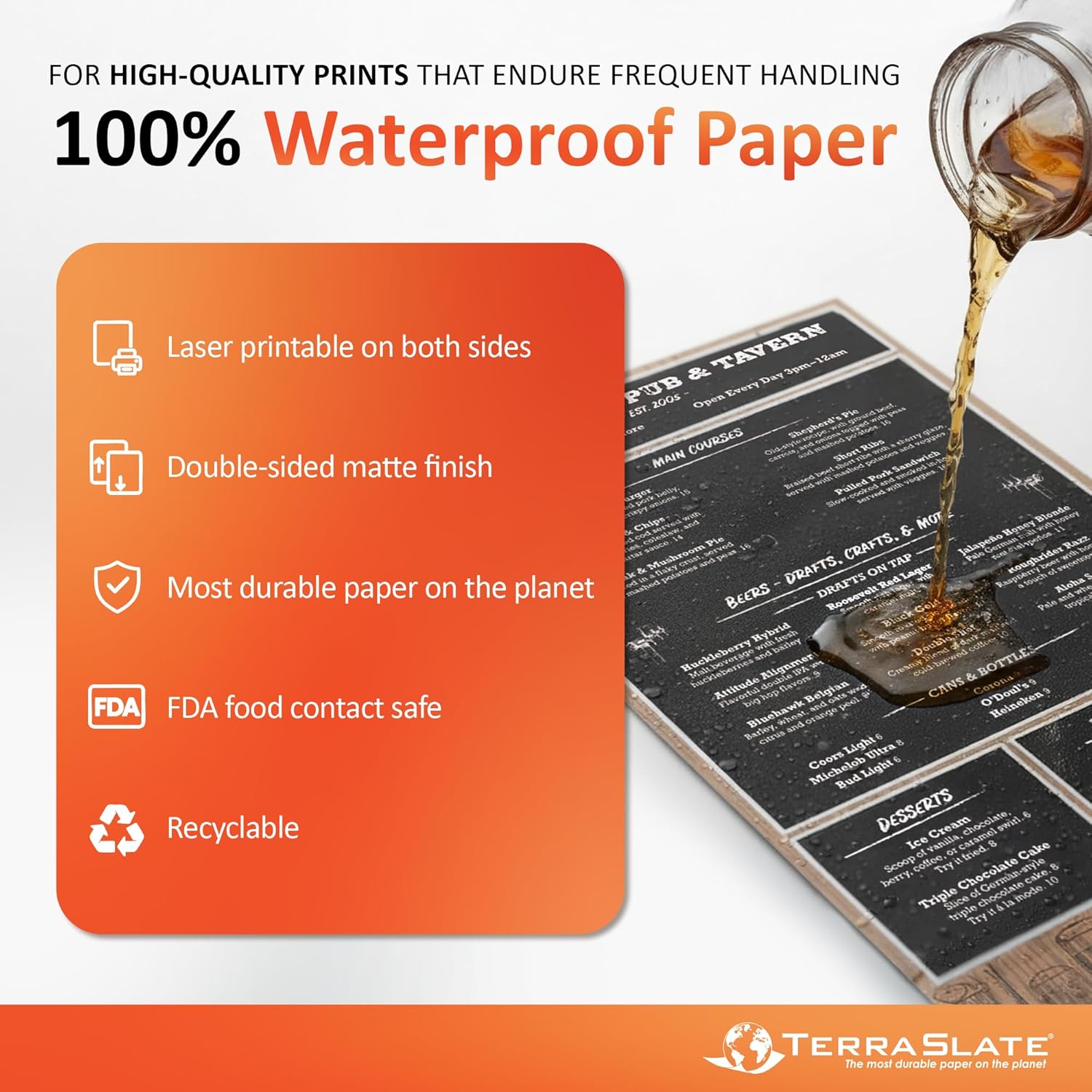 TerraSlate Waterproof Laser Printer Paper 8 MIL – 8.5"x14", 50 Sheets, White – Tear & Smudge Proof, Heavy-Duty for Outdoor Use, Ideal for Printing, Copying & More