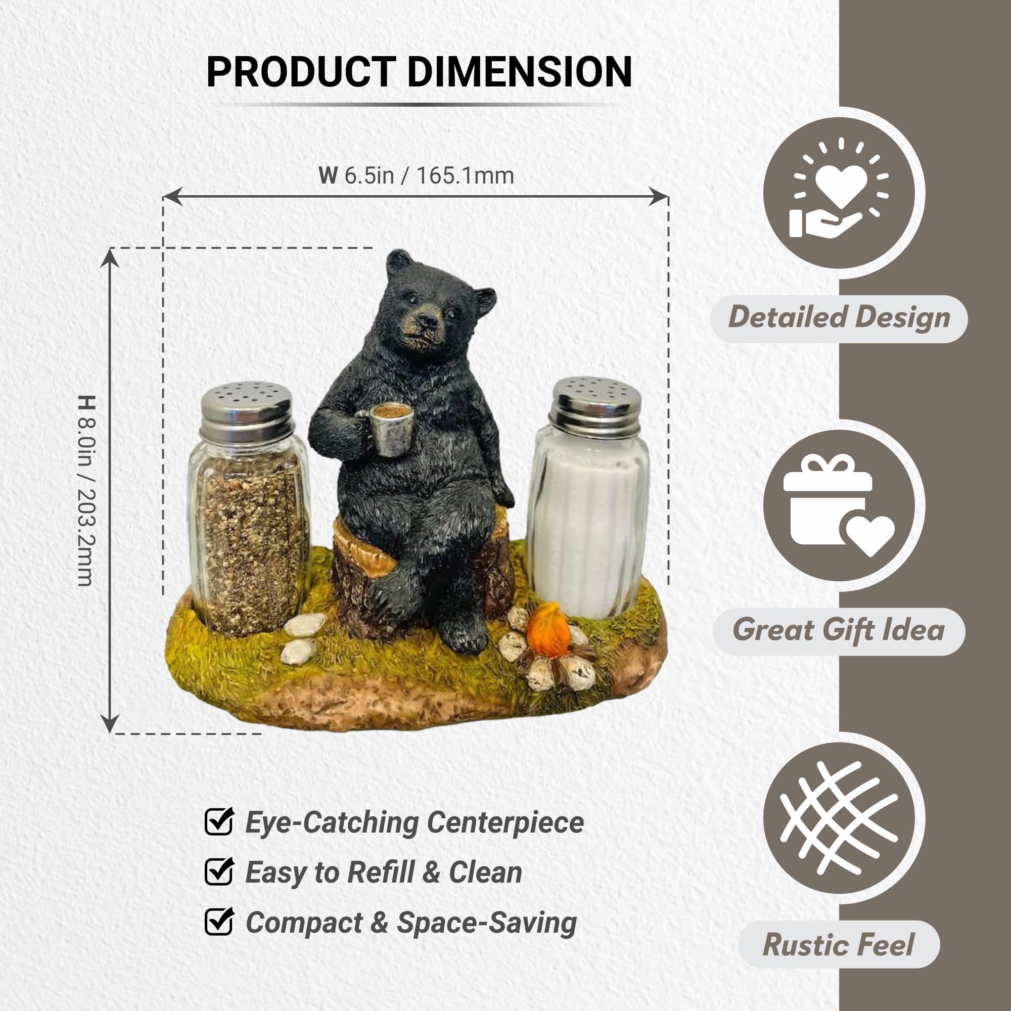 Pine Ridge Juego de salero y pimentero de oso de café, dos cocteleras de cristal, soporte para fogatas, organizador para especias y condimentos, para cocina, cabina, comedor o decoración de mesa