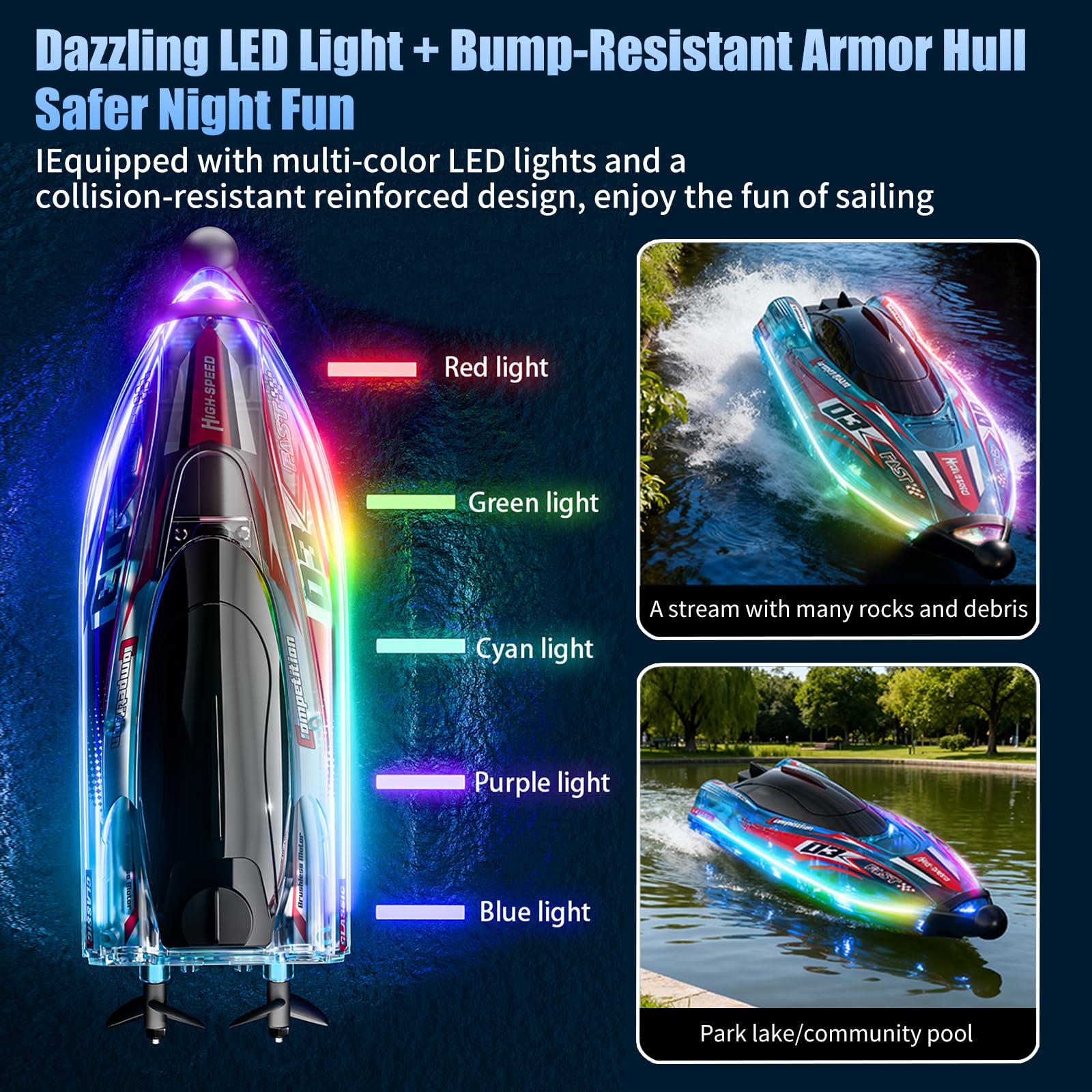 Teledirigido Barco Brusstenless, 2,4 GHz RC Barco con Cool Luz LED | Boat de Carreras Alta Velocidad, Baterías modulares, Impermeable y Anti-vuelco, Juguete de Agua Ideal para 6+ Niños y Niñas