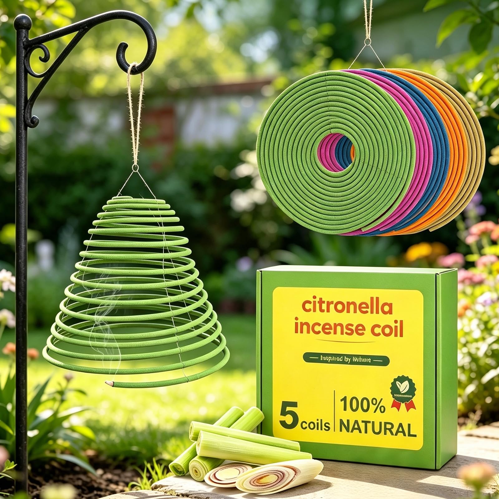 Citronella Räucherspiralen,5er XXL Große Citronella Spirale hängende Zitronengras-Räucherspiralen für den Außenbereich,240 Stunden lang brennend, Spulen-Räucherstäbchen für Terrasse,Hinterhof,Camping