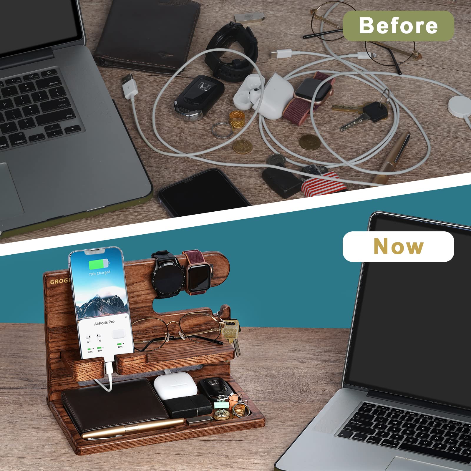 Grogife Christmas Gifts for Him Bedside Organiser, Gifts for Men Husband  Boyfriend, Wooden Phone Docking Station, Ideas Birthday Gifts for Dad Daddy