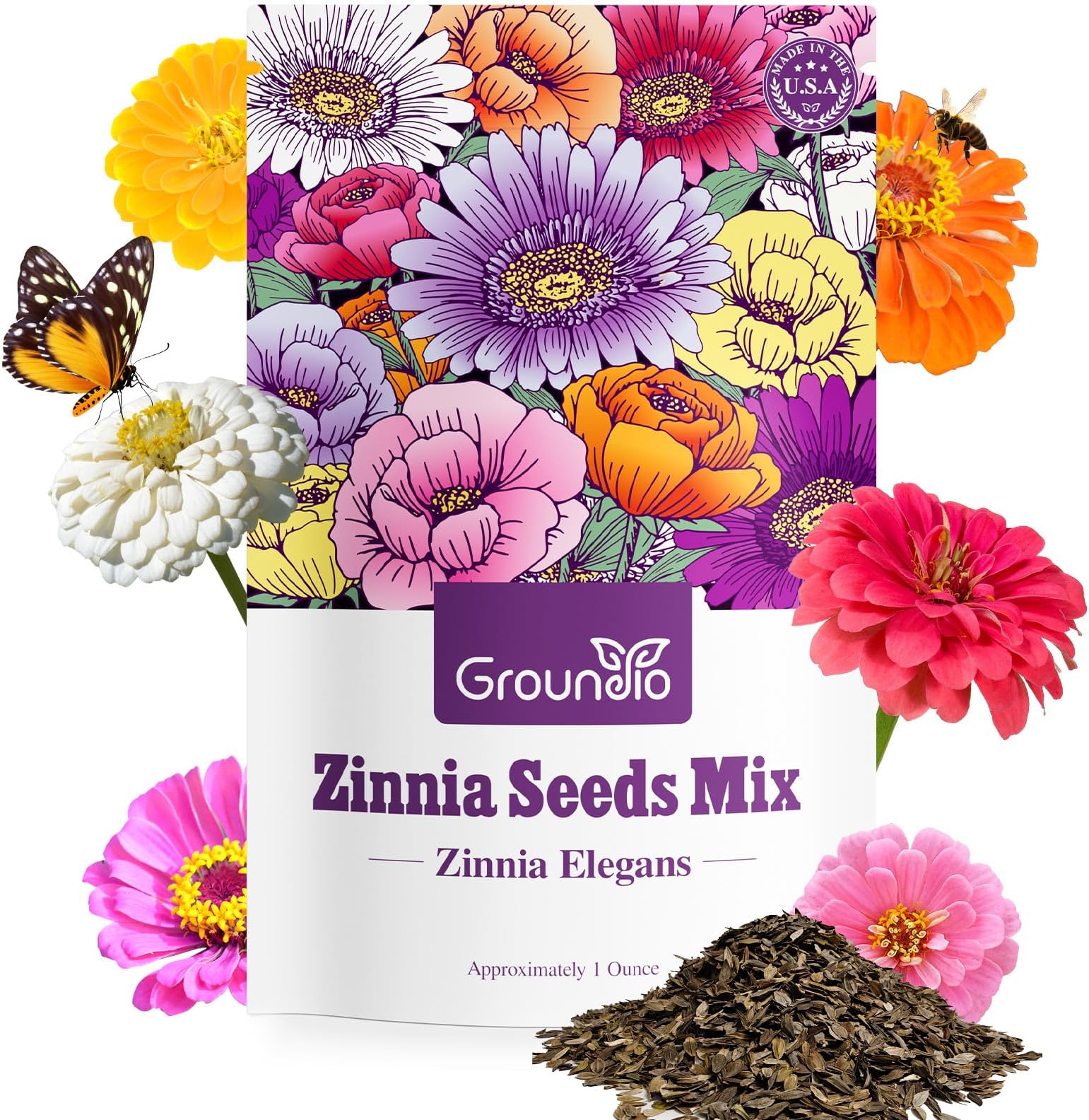 Groundio Zinnia Seeds Mix, 1 Oz, Over 3,000 Flowers Seeds, 5 Varieties (Pink, Yellow, Orange, White, Purple), Mixed Colors and Large Blooms,Open Pollinated - Bulk