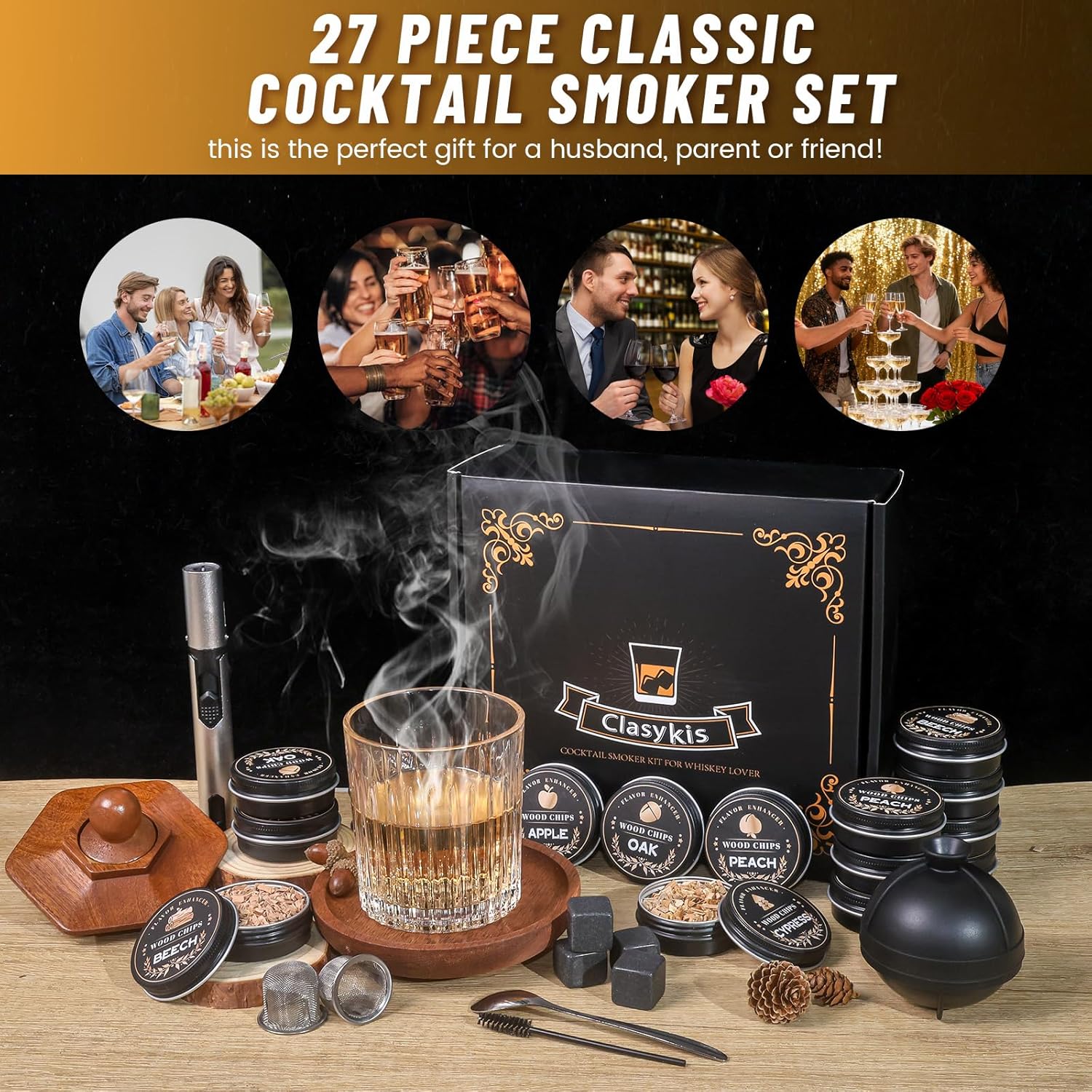 27Pcs Whiskey Smoker Kit-16 Wood Chips, Ice Ball Mold, Cocktail Smoker Infuser Kit, Old Fashioned Drink Smoker Kit, Birthday Bourbon Whiskey Gifts for Men,Husband,Dad,Him,Valentine's Day(No Butane