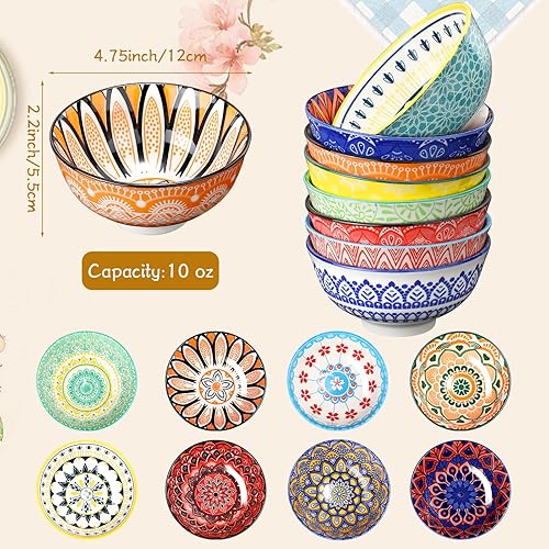 Miniatura 2 de Juego de 8 cuencos de cerámica coloridos de 10 onzas, 4.75 pulgadas, de porcelana, sopa, cereales, para ramen, arroz, postre, ensalada, helado,