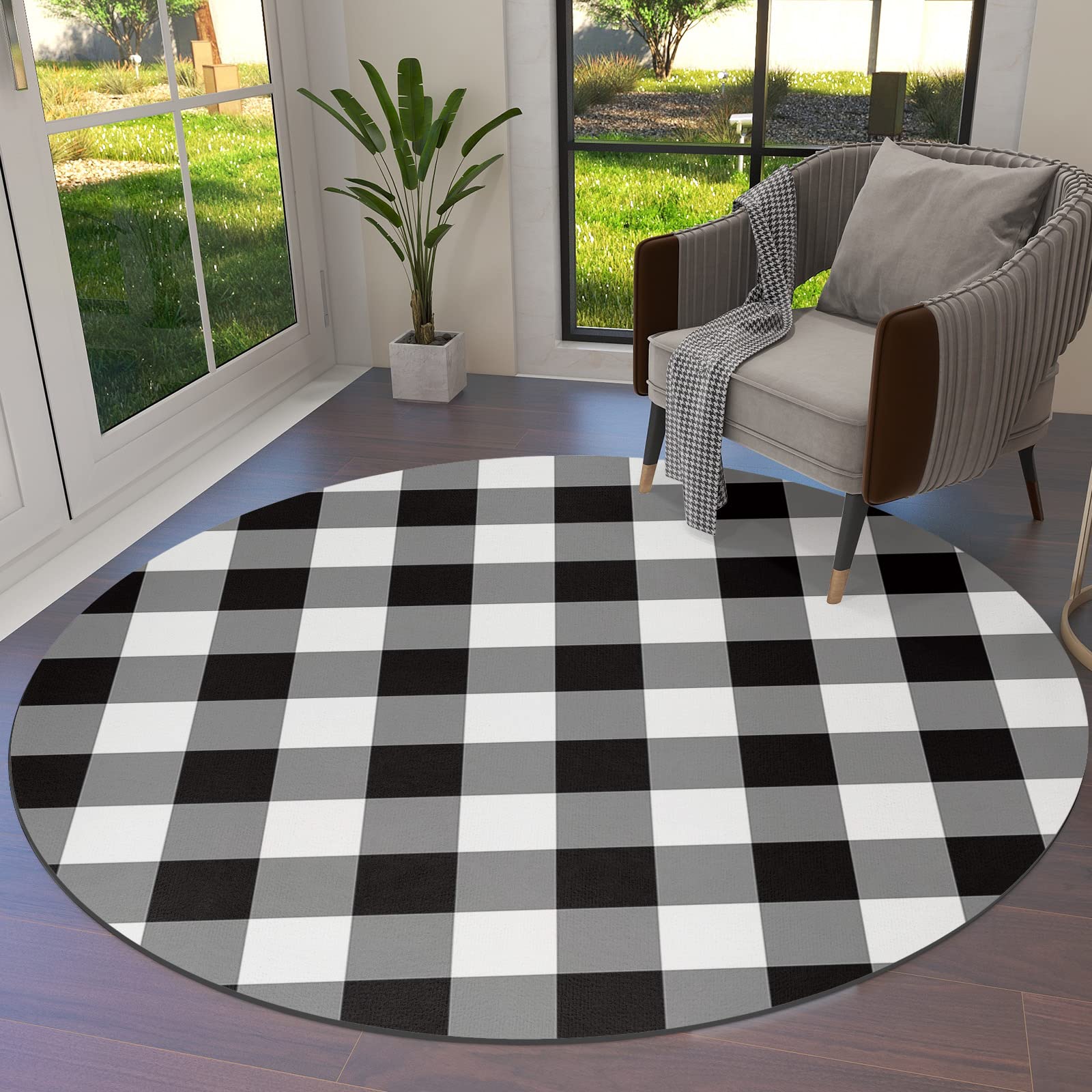 LIFEMUSION Black and White Checkered Round Area Rugs, Farmhouse Buffalo Plaid Non-Skid Children Playing Mat, 5ft Soft Circle Farmhouse Rugs for Living