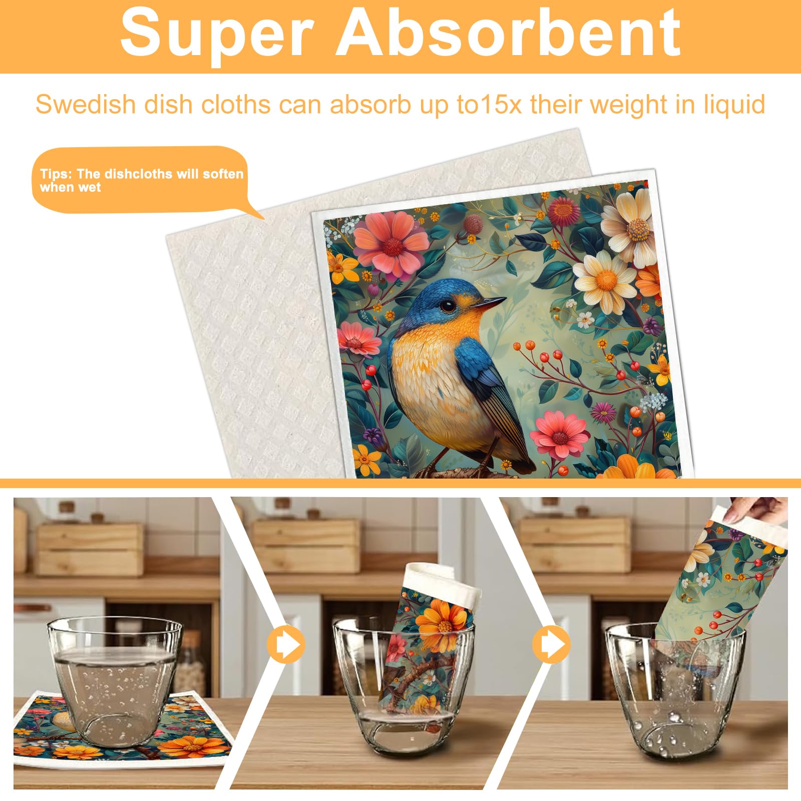 Paquete de 6 paños de cocina suecos para cocina, reutilizables, toallas de papel, lavables, absorbentes de celulosa, toallitas de esponja de secado rápido, paños de cocina decorativos, sin olor,