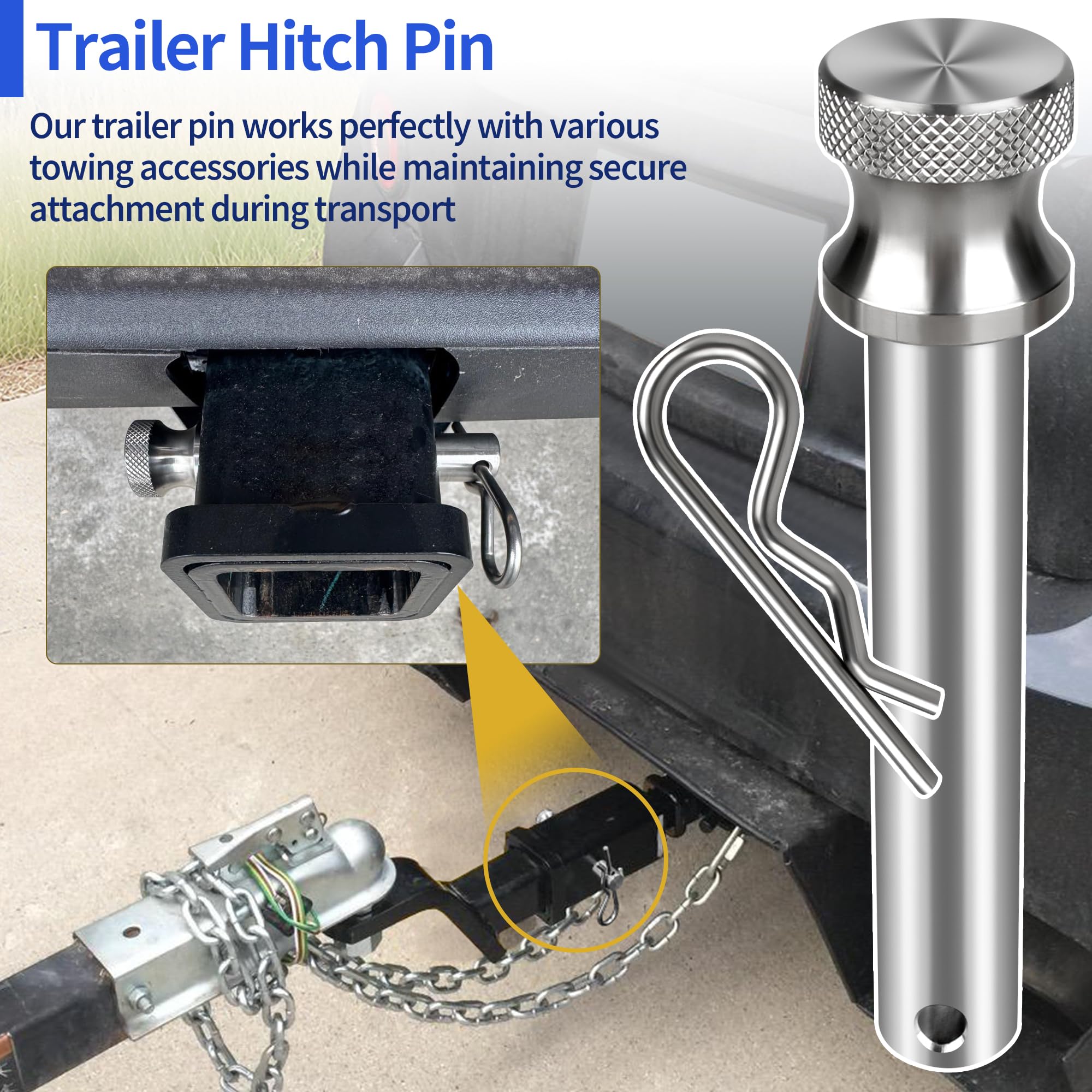 Anhängerkupplungsstifte mit Clips, 5/8 Zoll, Edelstahl, 1,6 cm Anhängerkupplungsstift, passend für 5,1 cm oder 6,3 cm Anhängerkupplungsempfänger, Anhängerkupplungszubehör, 1 Packung Stift