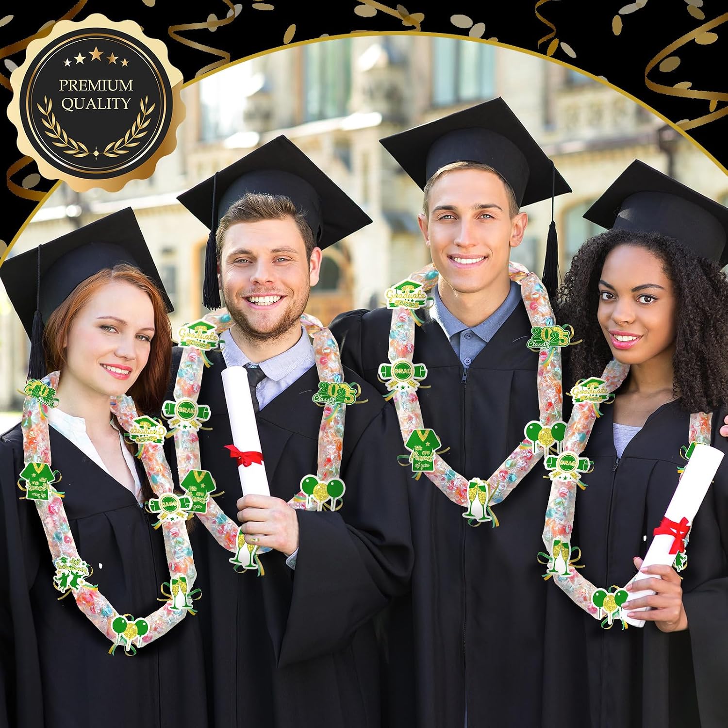 60 Sets Graduation Candy Lei Making Kit, 2 Rolls Ribbons 60 Pcs Clear Poly Tubing Bags and 60 Pcs Paper Cut, 2026 Graduation Lei Making Kit, 2026 Party Supplies (Green Gold)