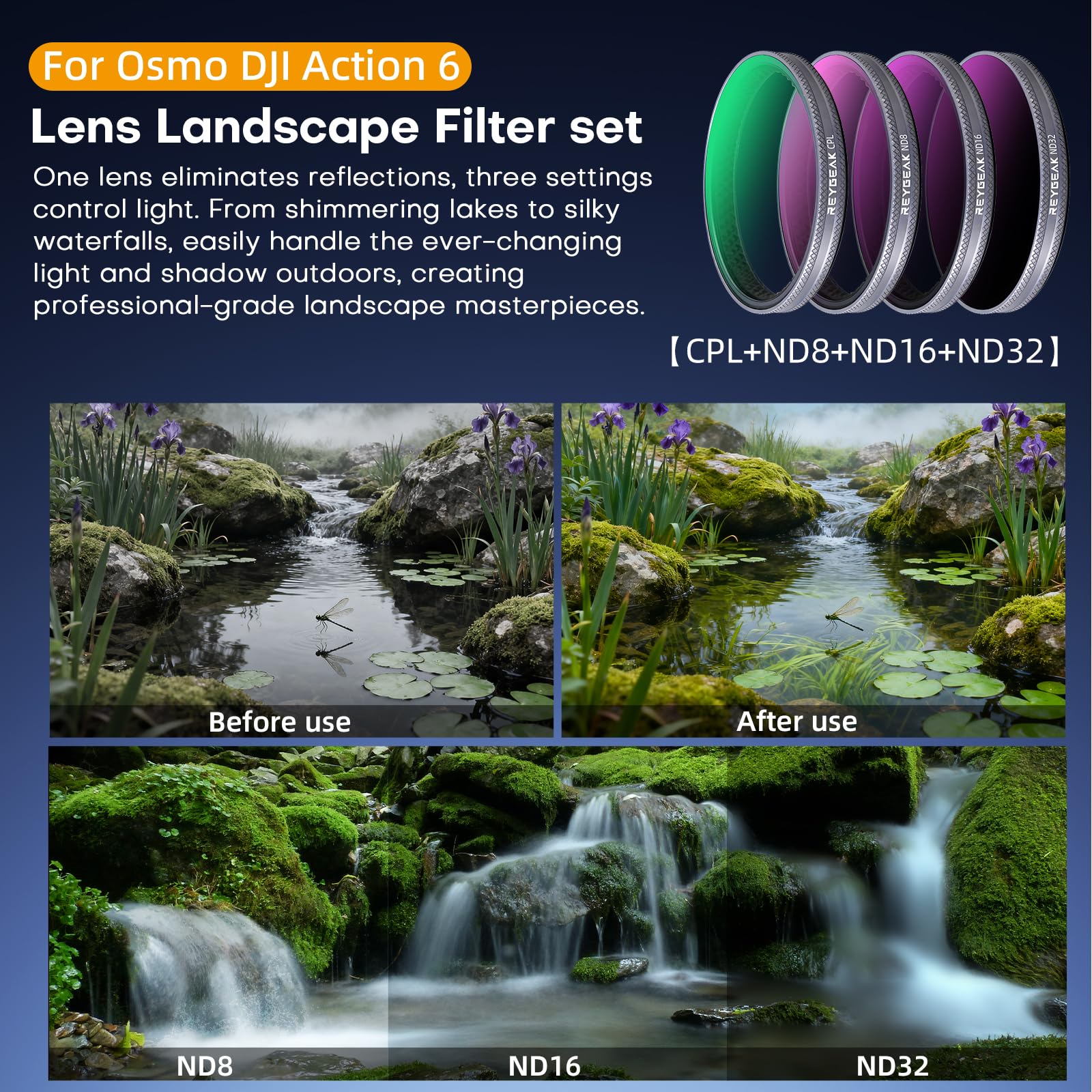 REYGEAK filtres ND pour DJI Osmo Action 6, 4 Pièces CPL ND8 ND16 ND32, Verre Optique HD Multi-Revêtu, Filtres de Lentille Polarisant à Densité Neutre pour Accessoires DJI Osmo Action