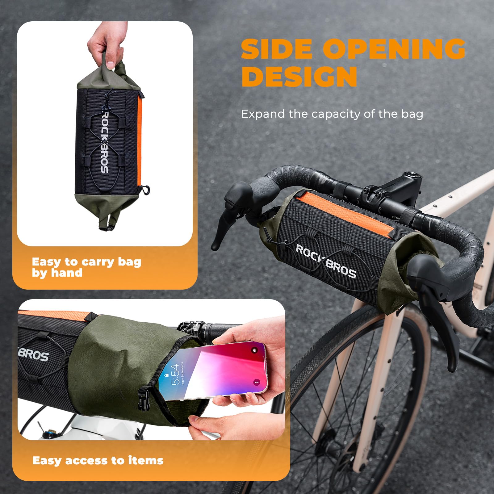 ROCKBROS Bolsa Manillar Bicicleta, Mochila Manillar con Correa de Hombro, Bolsa Delantera Expandible para Bicicleta de Montaña y Carrtera, 12 x 22cm