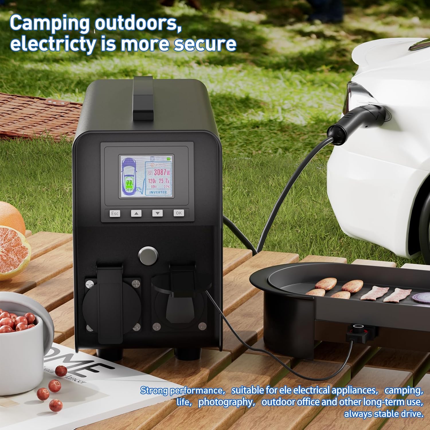 3KW EV Discharger V2L Adapter Discharge Gun Compatible with Tesla Model 3/Y/S/X After May 2019 NACS Standard Battery Protection 120V/240V Output LCD Display Outdoor Camping Emergency