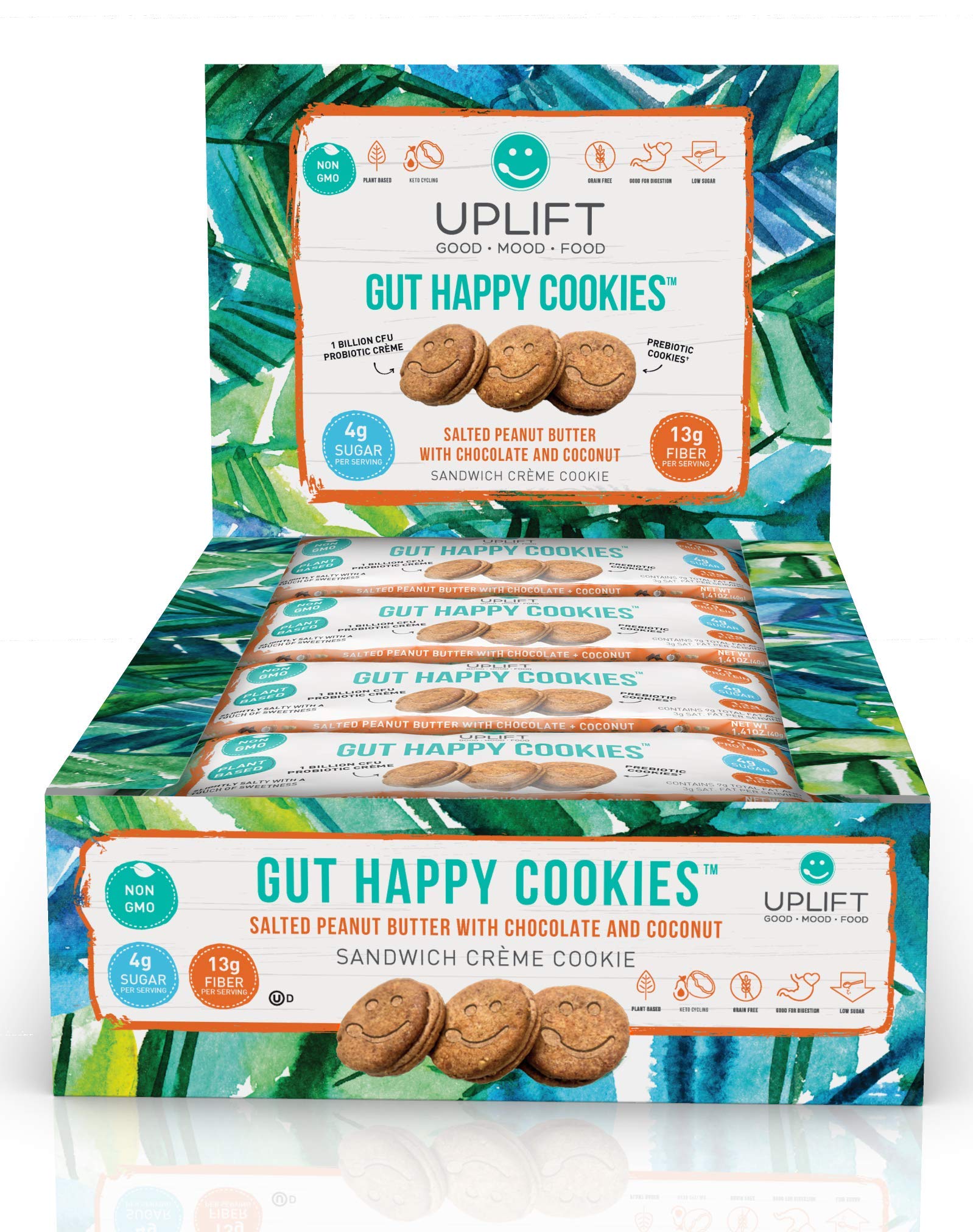 Uplift Food Fiber Supplement - Digestive Biscuit, Vegan, Low Carb, Grain Free, & Non GMO, Promoting Positive Gut Health & Digestion, Gut Happy Cookies - Peanut Butter, 1.41 Ounce (Pack of 12)