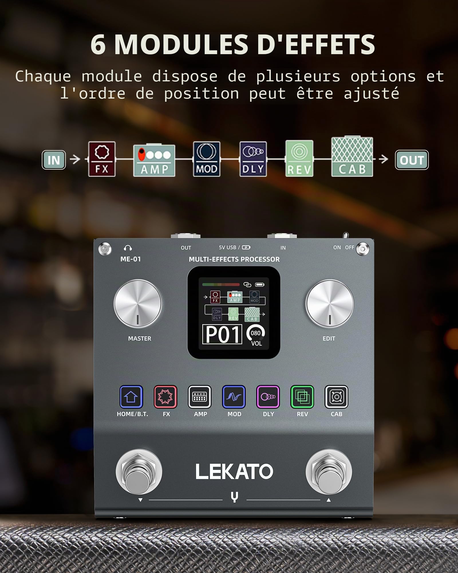 LEKATO Pédale multi-effets pour guitare, processeur d'effets rechargeable pour basse avec 6 modules d'effets, 80 préréglages éditables, édition APP, chargement IR, enregistrement OTG, fonction BT