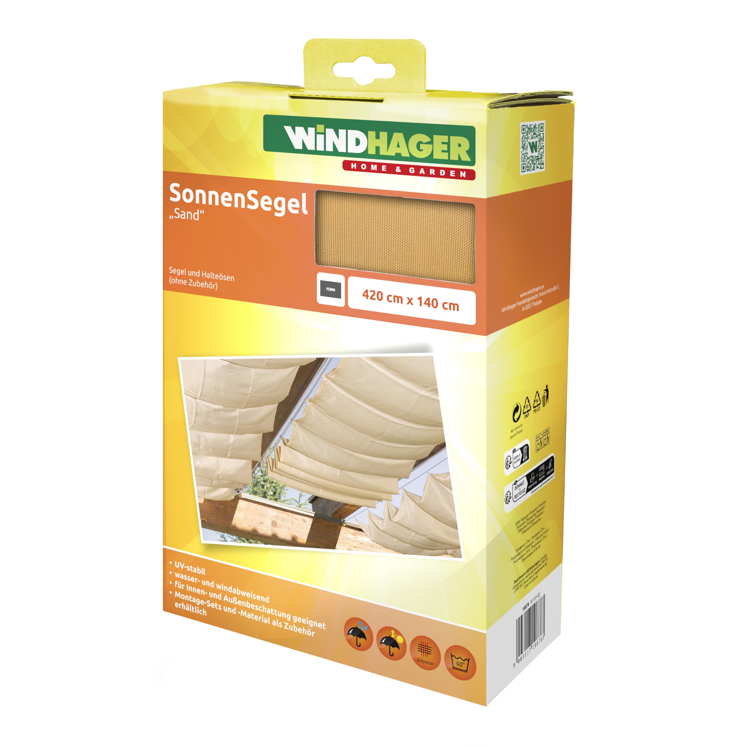 Windhager Toldo Vela de protección Solar tecnología de tensado de Cables, 420 x 140 cm, Ideal para pérgola o Invernadero, Arena, 10878