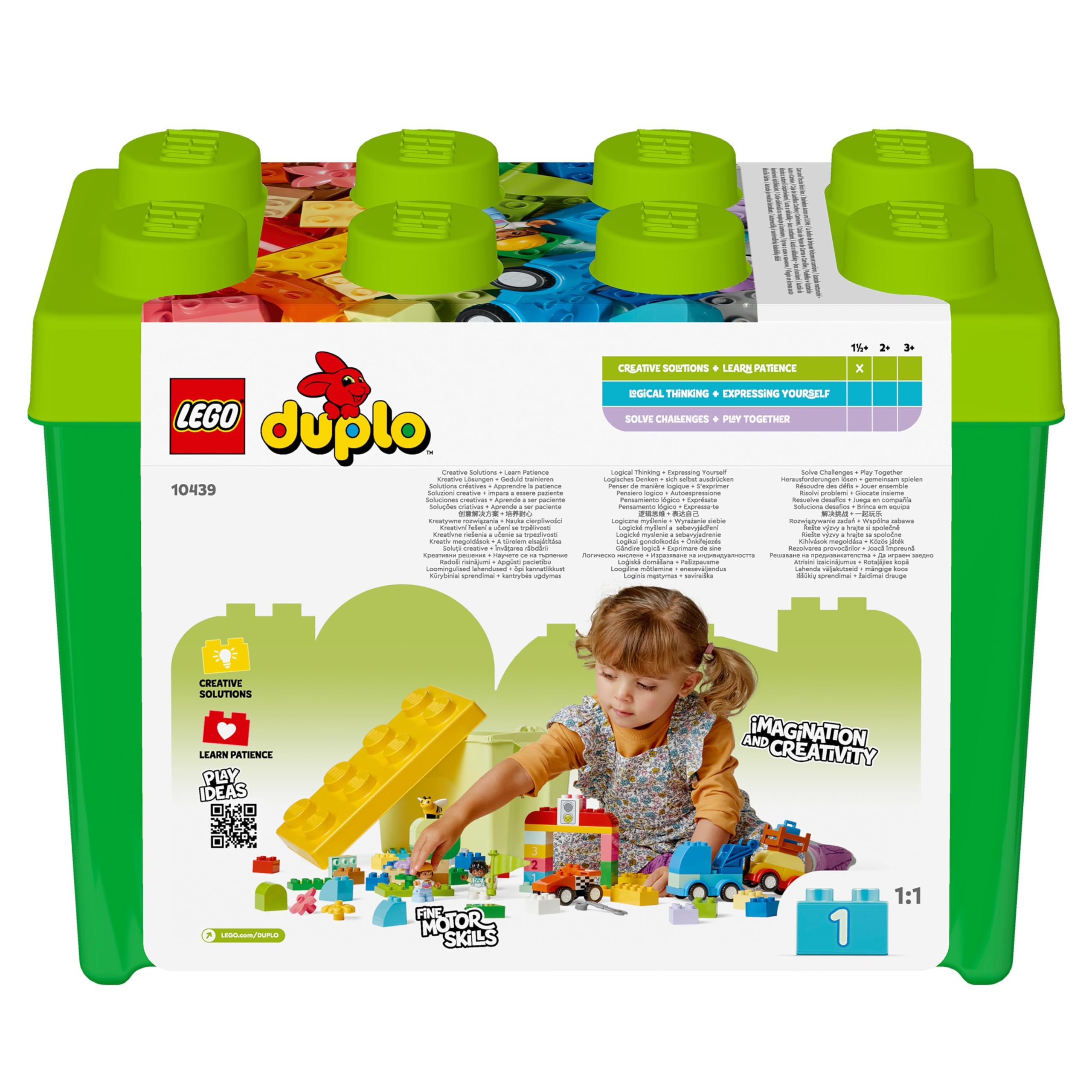 LEGO DUPLO Pudełko w kształcie klocka z autami i ciężarówkami, Kreatywna Zabawka dla Dziecka od 18 Miesięcy, Zestaw Edukacyjny dla Chłopca, Dziewczynki, Prezent dla Malucha i Przedszkolaka, 10439