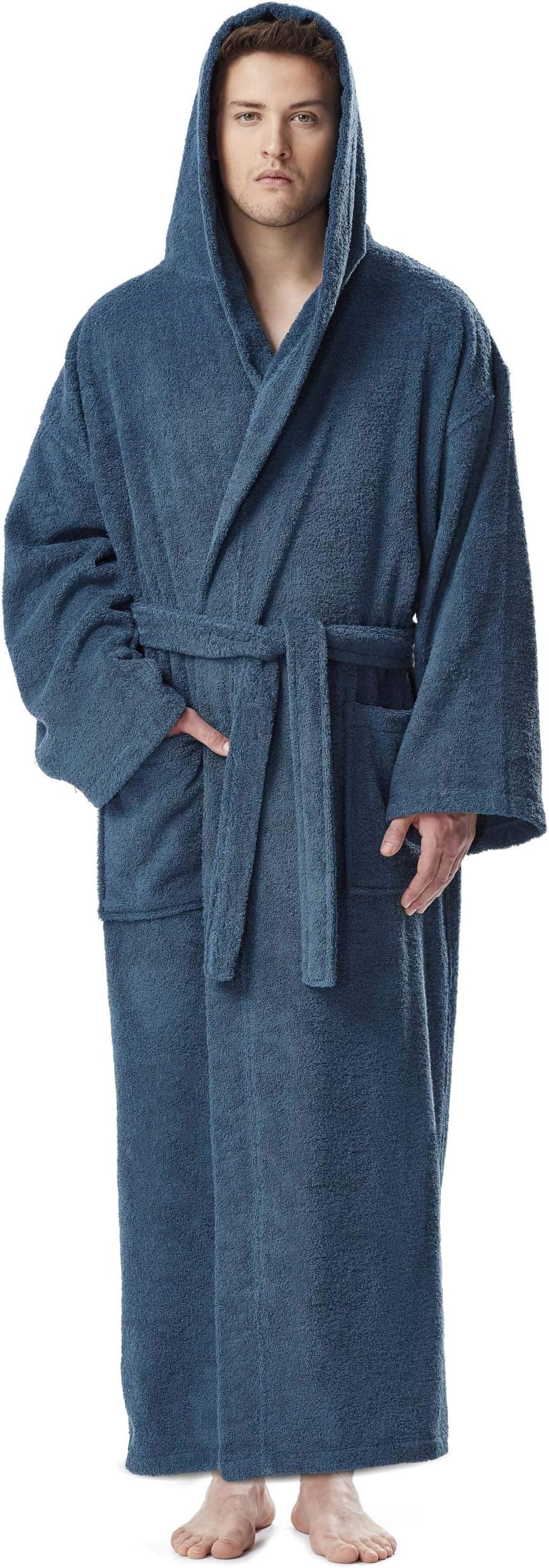 Men's Hooded Classic Bathrobe Turkish Cotton Robe with Full Length Options