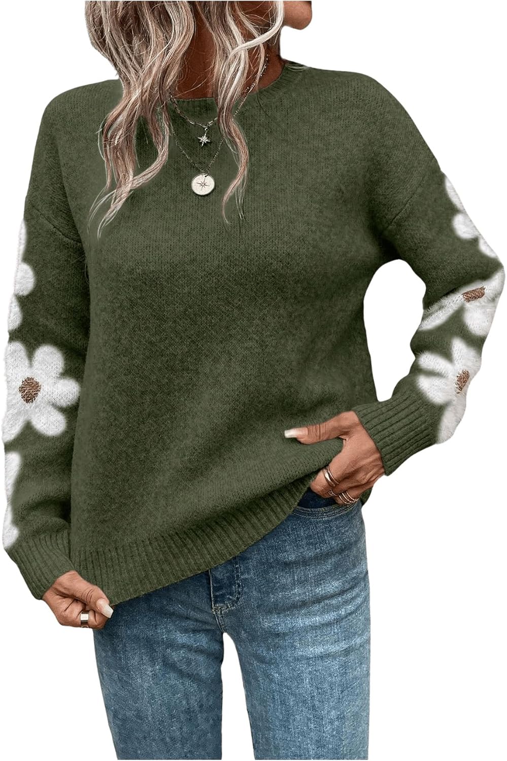SHENHE Women's Floral Pattern Crewneck Long Sleeve Drop Shoulder Sweaters Pullover Tops - Image 5
