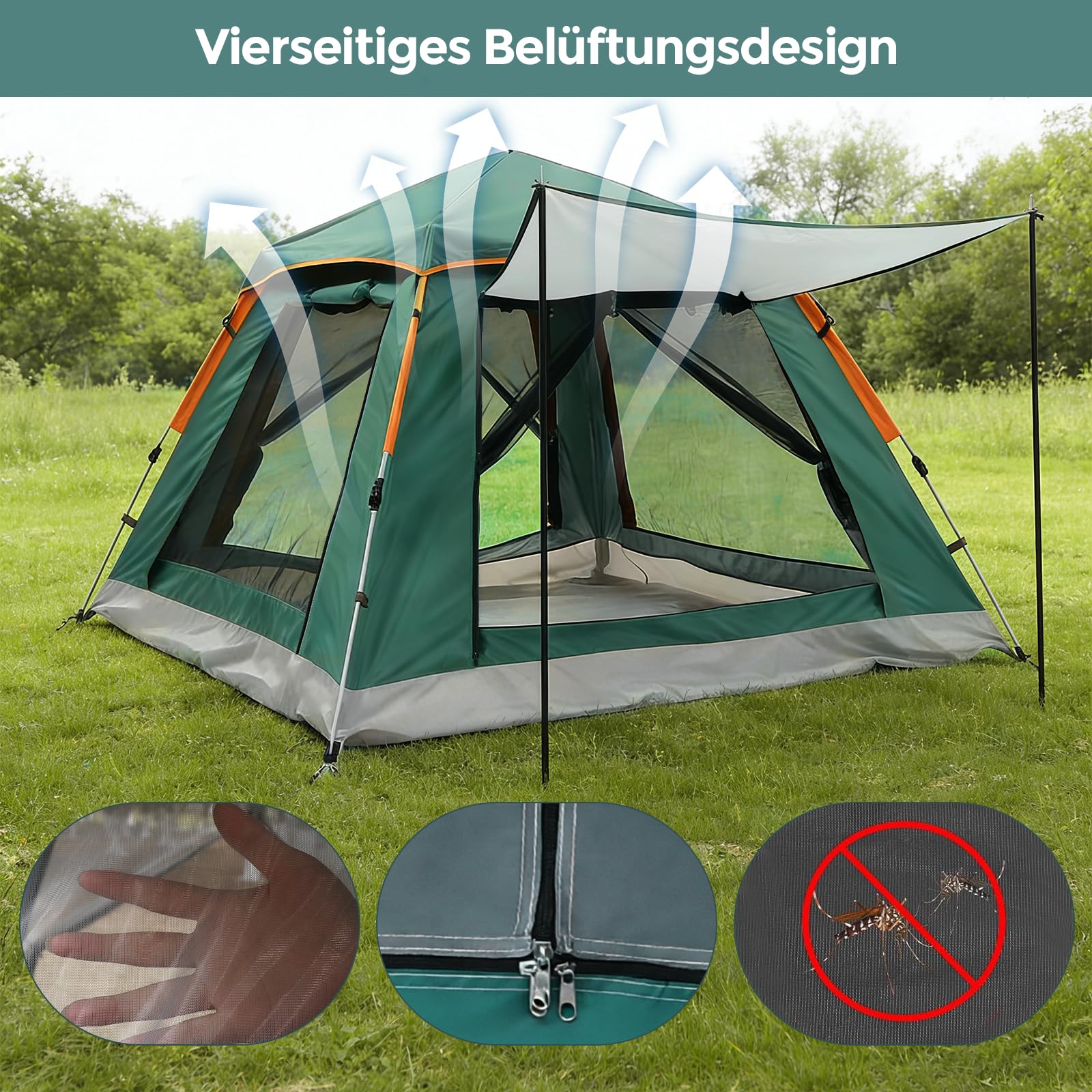 Pop Up Zelt Automatisches Wurfzelt, Camping Zelt 3-4 Personen, 3000mm Wasserdicht&Winddicht mit Vorzelt Fenster, Doppelschicht Kuppelzelt 4 Jahreszeiten, Camping, Wandern, Trekking, Gartenl
