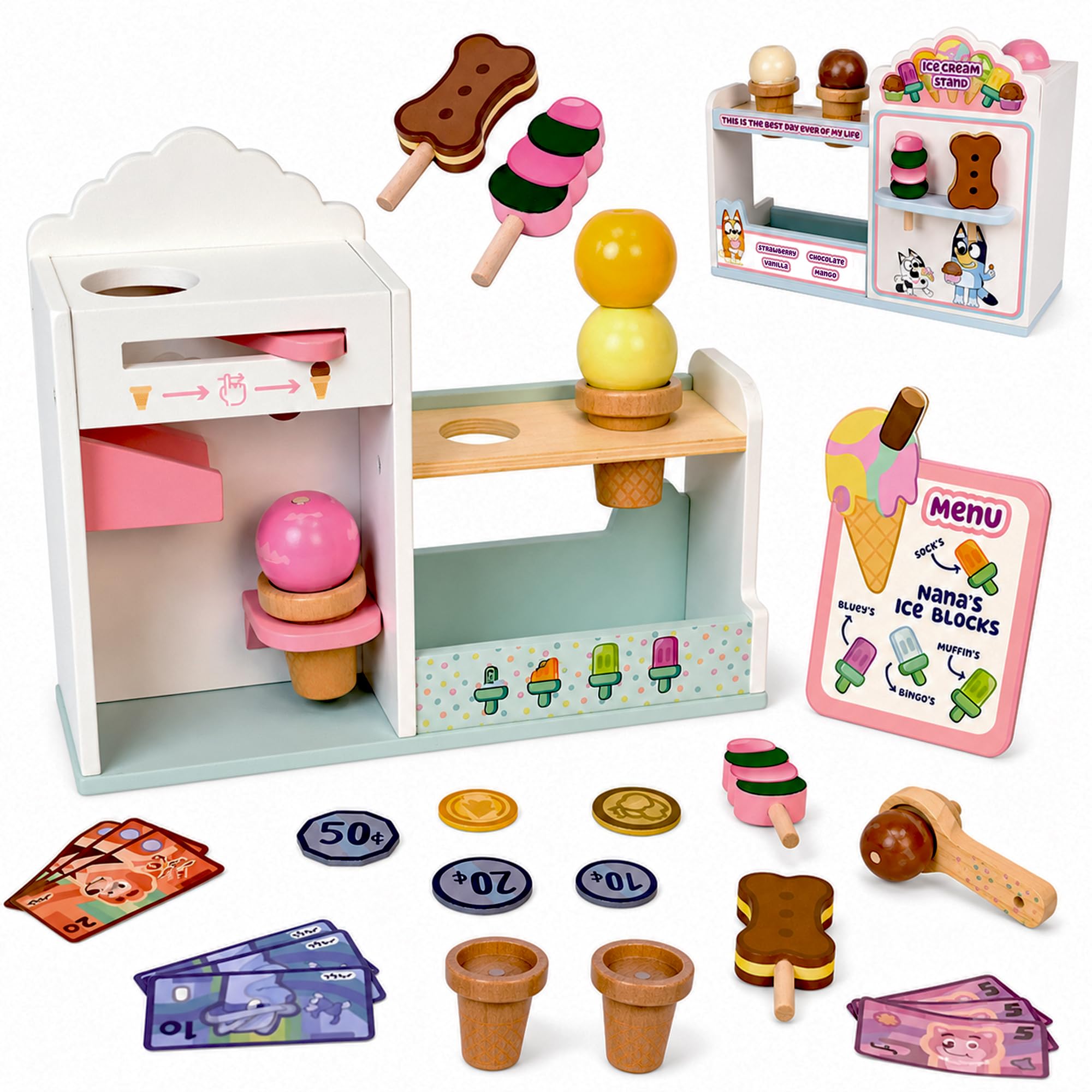 Bluey Kids Wooden Ice Cream Stand Playset – 26 Piece Pretend Play Shop with Menu Board, Play Money, Scoops & Accessories, Fun Role Play Toy for Boys & Girls, Develop Imaginative and Fine Motor Skills