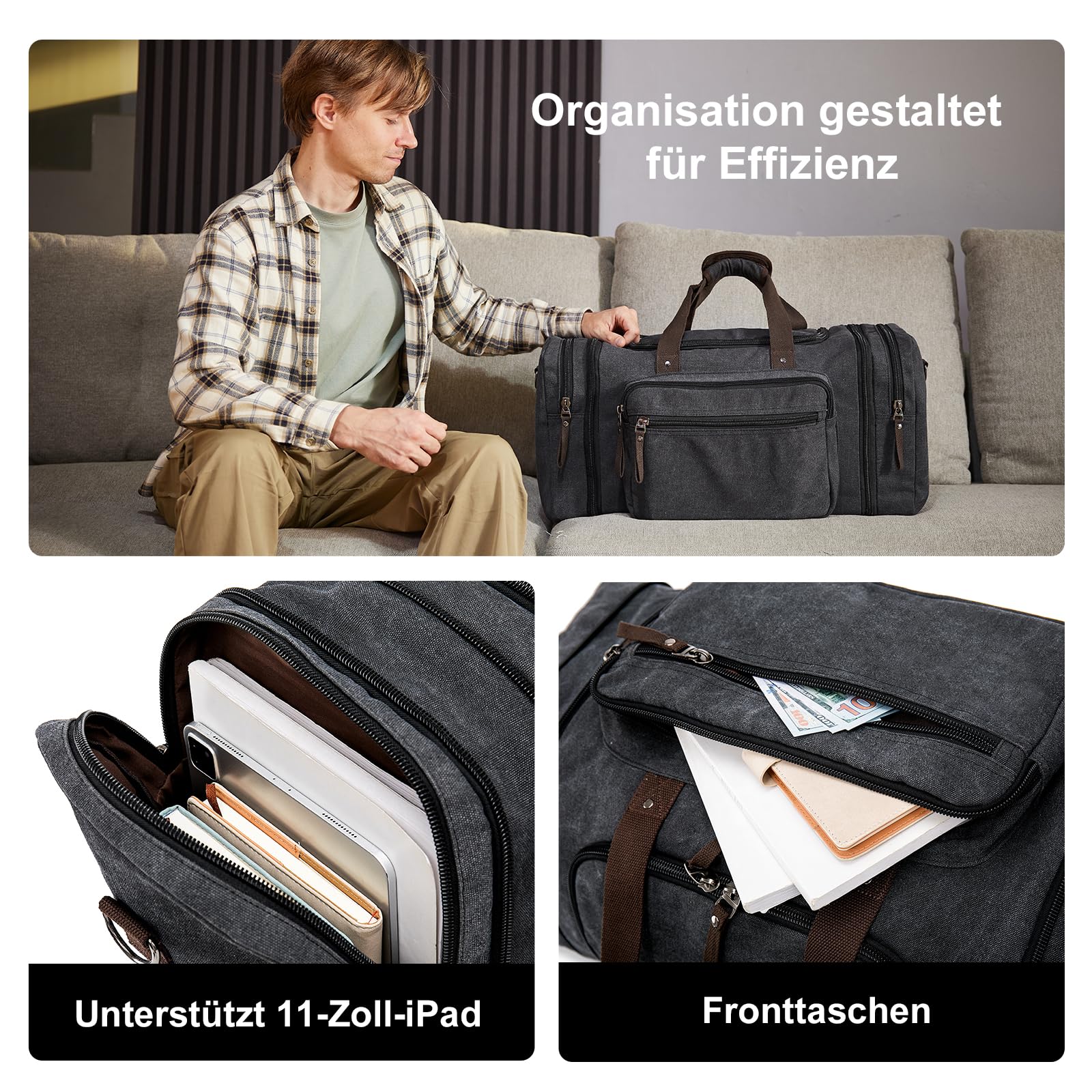 Erweiterbare Reisetasche 70L, Große Sporttasche Herren Damen, Robuste Stofftasche für Reisen, Fitness und Business, Handgepäcktasche (Dunkelgrau)