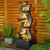 52.8" Tall 6-Tier Outdoor Water Fountain with LED Lights - Cascading Resin Waterfall for Garden, Patio, Yard Decor