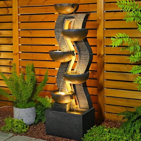 52.8 in Modern Geometric Outdoor Water Fountain with LED Lights