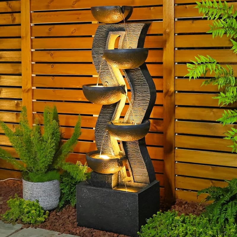 52.8 in Modern Geometric Outdoor Water Fountain with LED Lights | Multi-Point Warm Glow,Curved 6-Tier Cascade,Weatherproof Resin, Gentle Water Sound, Tall Garden, Patio & Entryway Accent